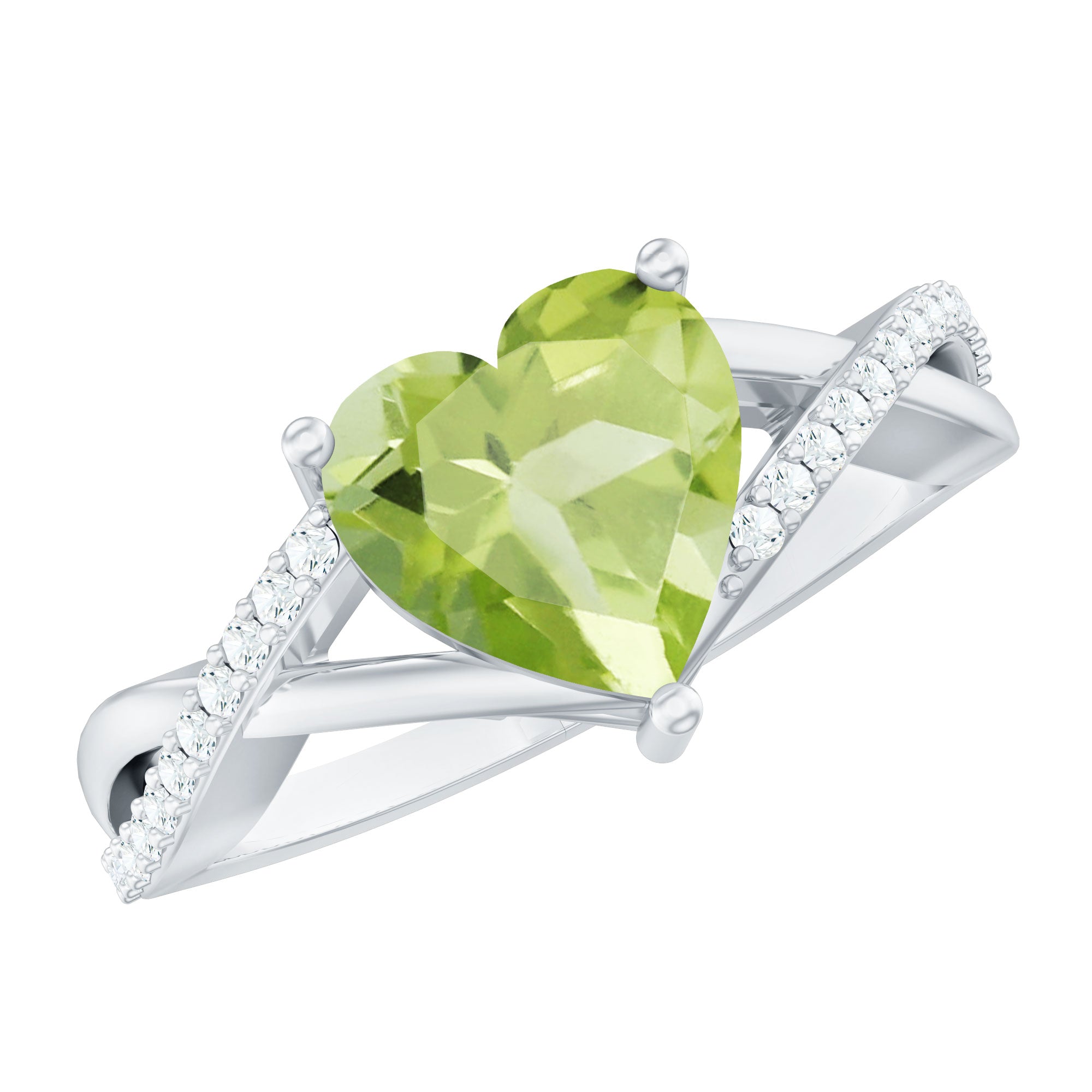 Natural 2 Carat Peridot Heart Engagement Ring with Diamond Crossover Shank AAA - Rosec Jewels