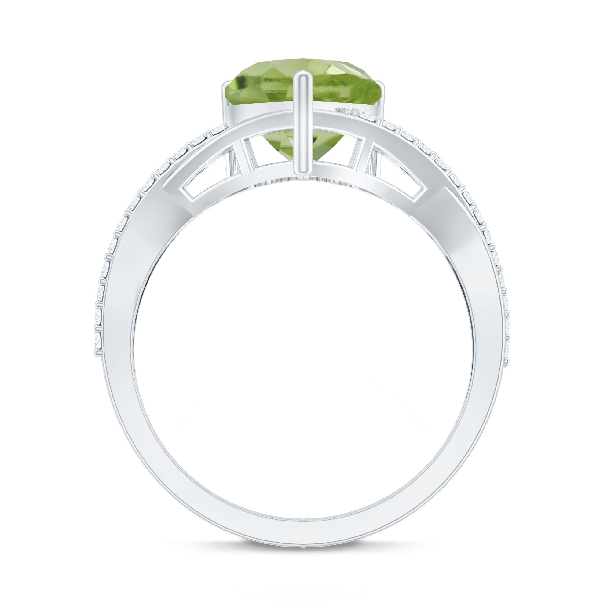 Natural 2 Carat Peridot Heart Engagement Ring with Diamond Crossover Shank AAA - Rosec Jewels
