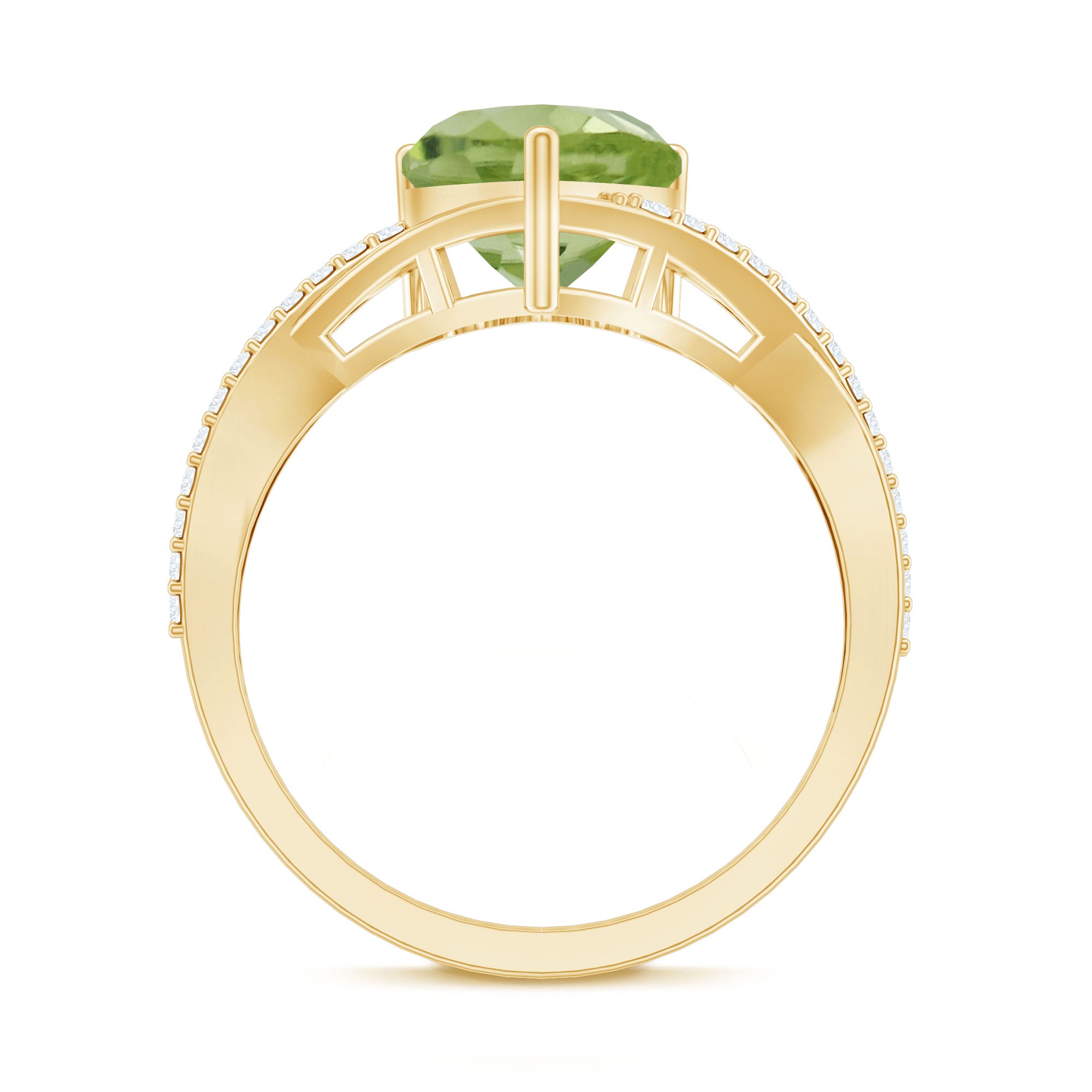 Natural 2 Carat Peridot Heart Engagement Ring with Diamond Crossover Shank AAA - Rosec Jewels