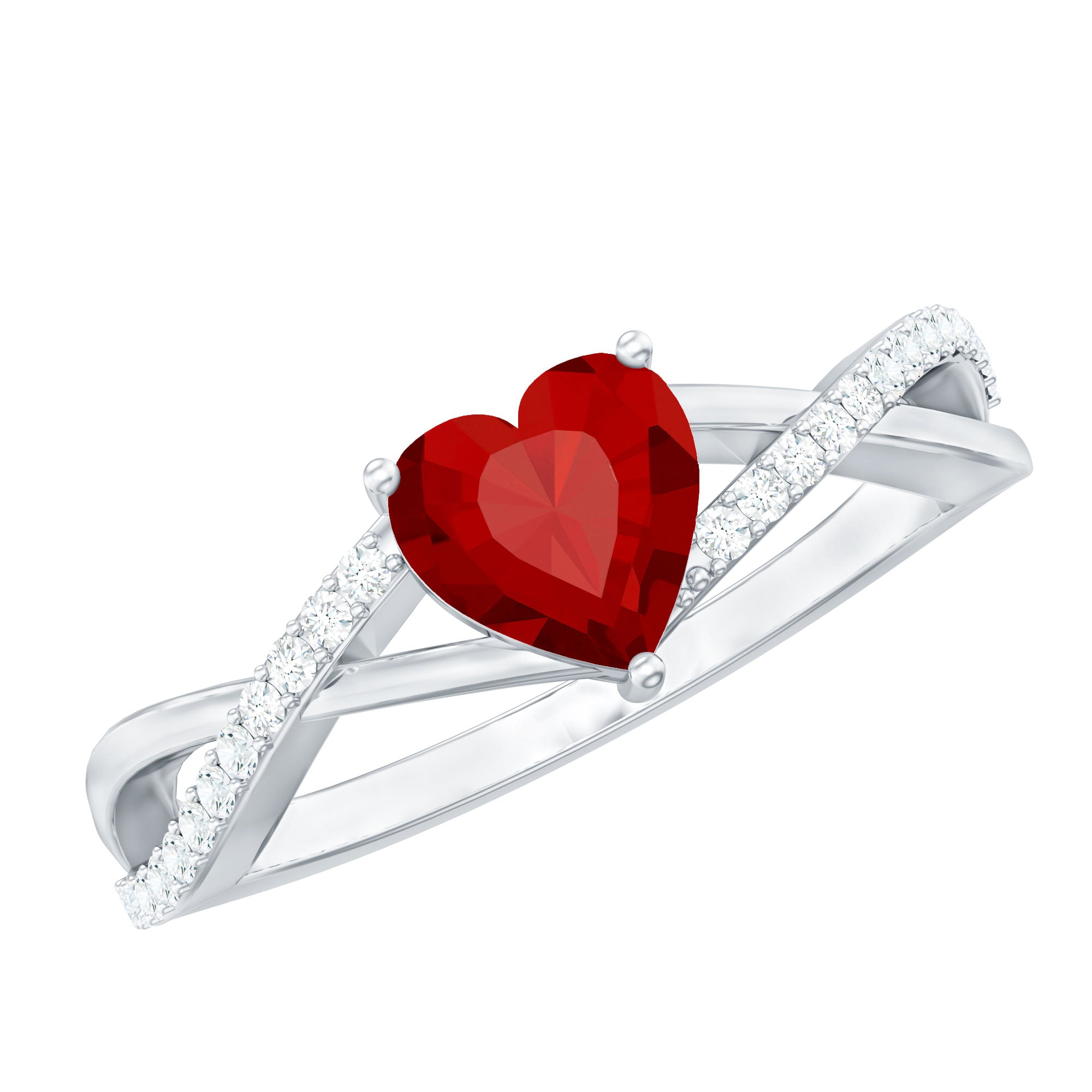 Rosec Jewels-Lab Created Ruby and Diamond Heart Engagement Ring in Crossover Band