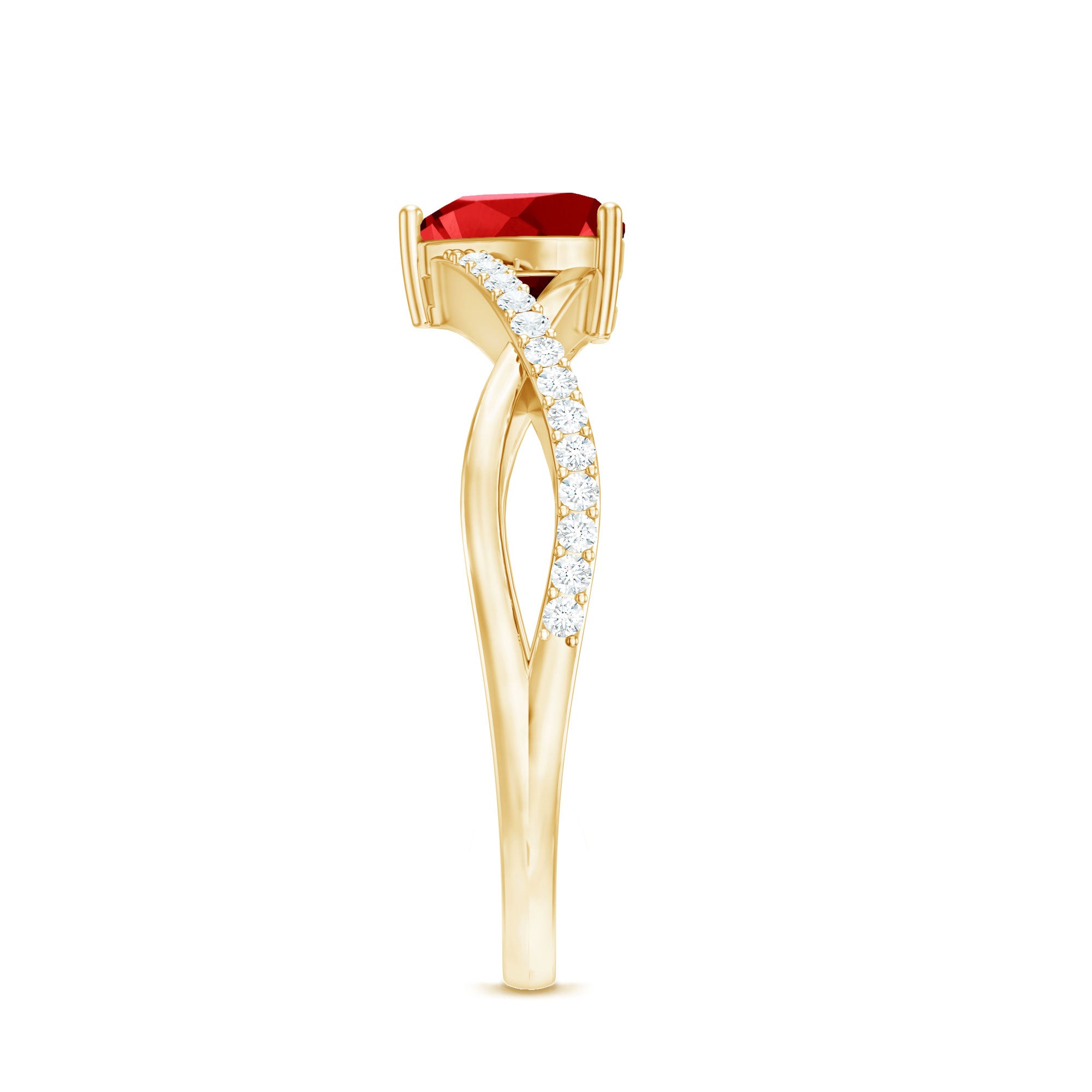 Rosec Jewels-Lab Created Ruby and Diamond Heart Engagement Ring in Crossover Band
