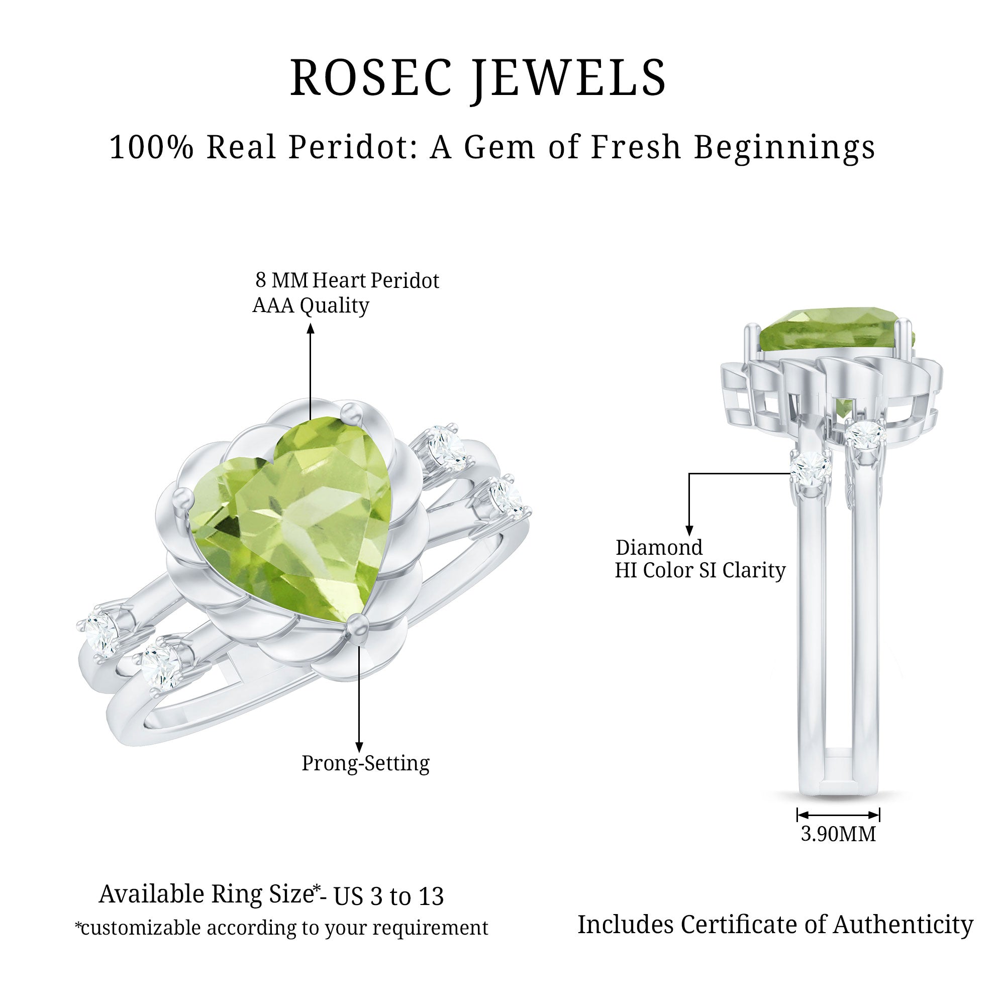 Heart Shape Peridot Solitaire Band Ring with Diamond Stones AAA - Rosec Jewels