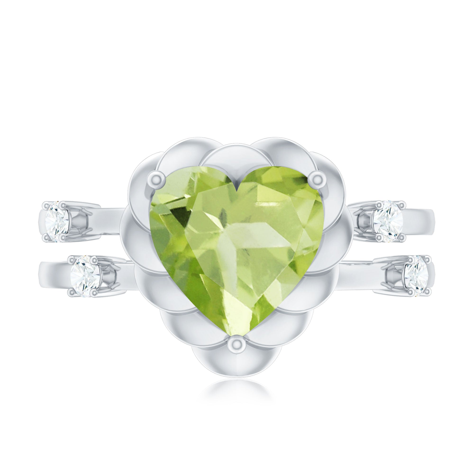 Heart Shape Peridot Solitaire Band Ring with Diamond Stones AAA - Rosec Jewels
