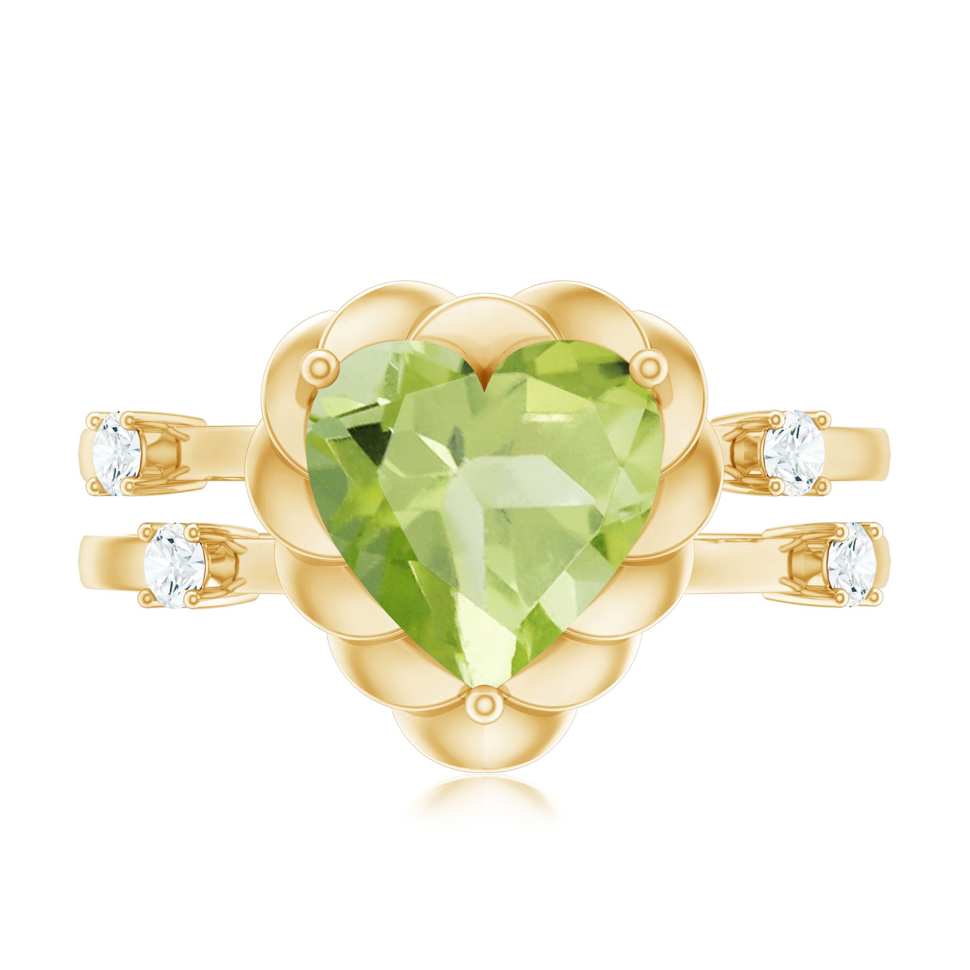 Heart Shape Peridot Solitaire Band Ring with Diamond Stones AAA - Rosec Jewels