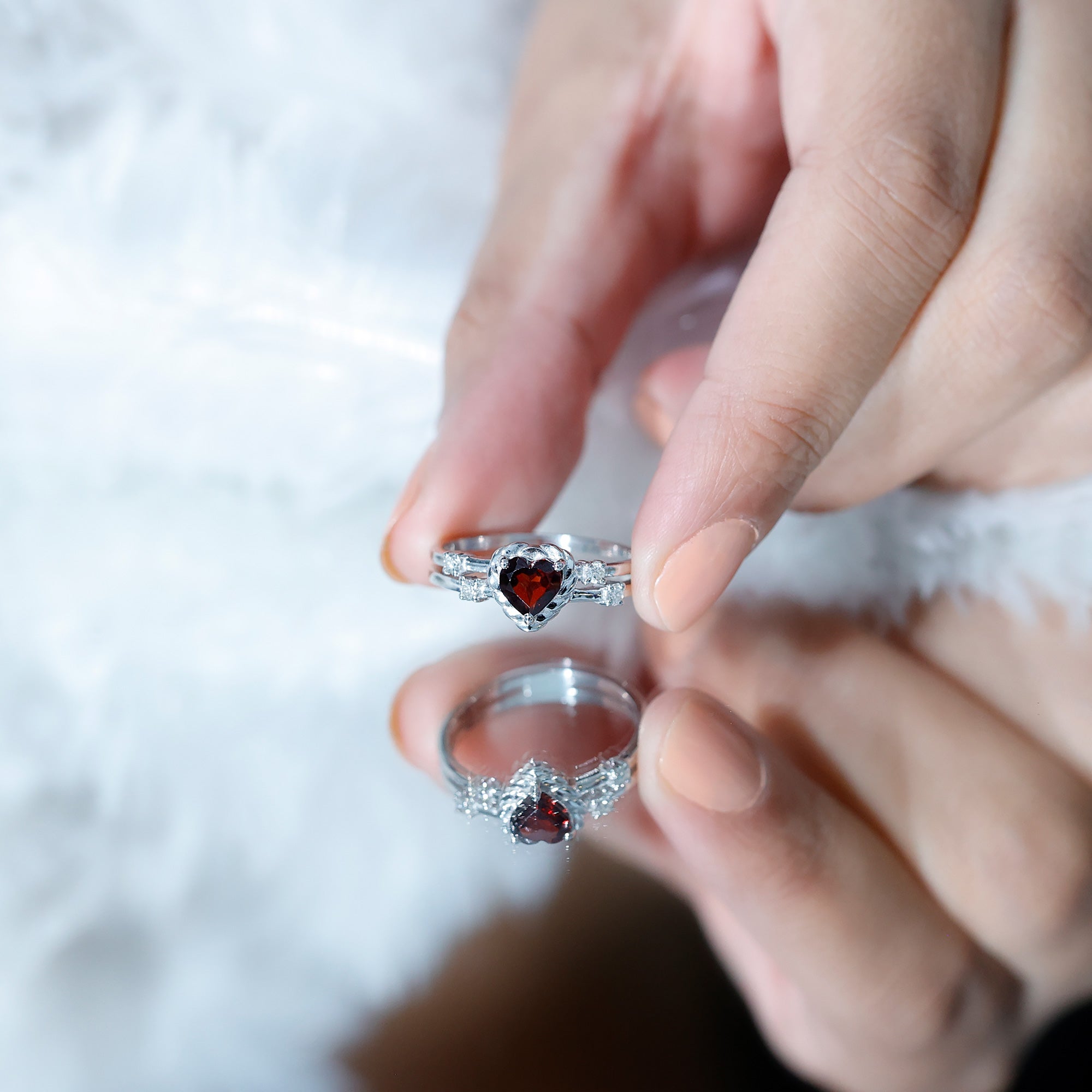 Rosec Jewels-Natural Heart Shaped Garnet Diamond Double Band Engagement Ring