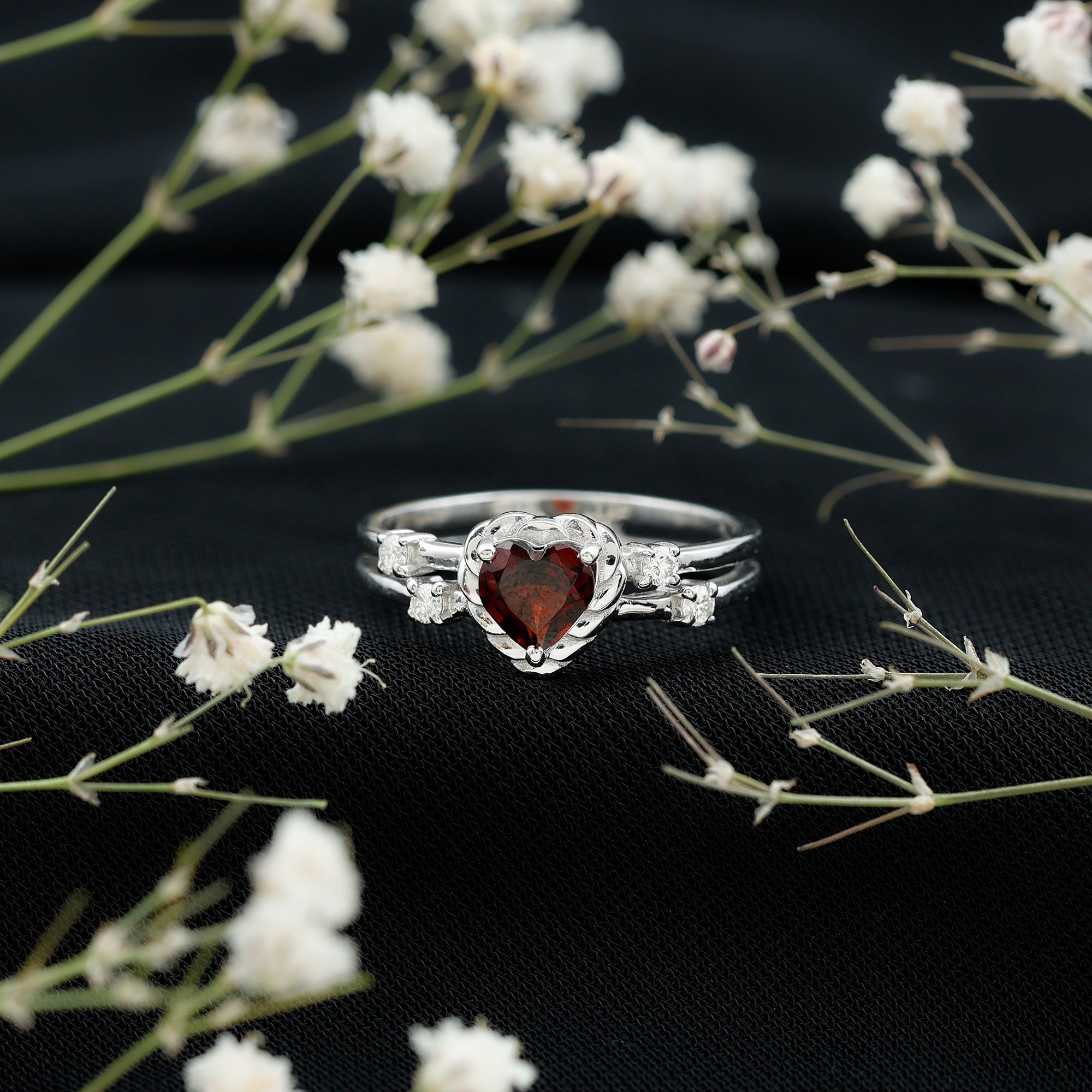 Rosec Jewels-Natural Heart Shaped Garnet Diamond Double Band Engagement Ring