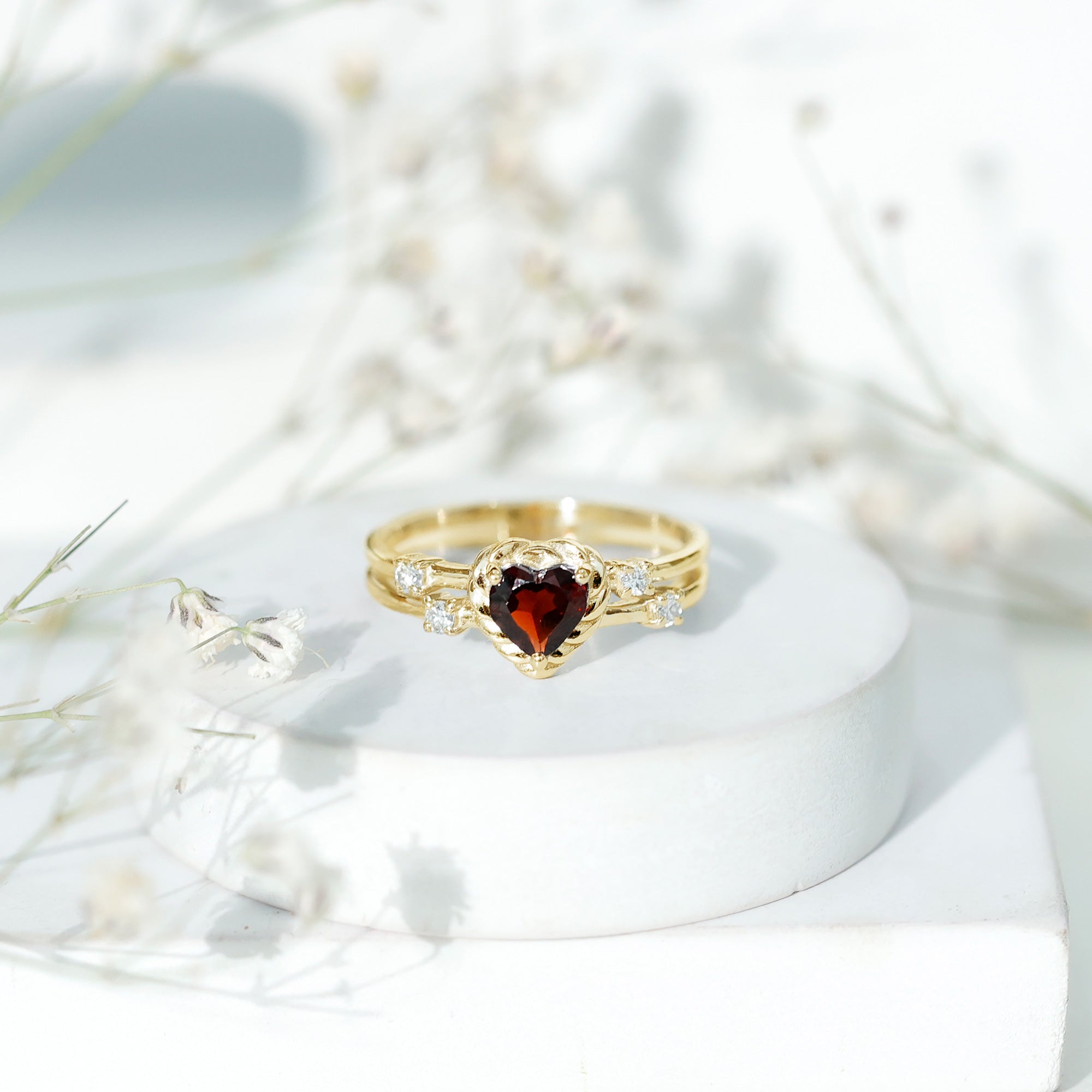 Rosec Jewels-Natural Heart Shaped Garnet Diamond Double Band Engagement Ring
