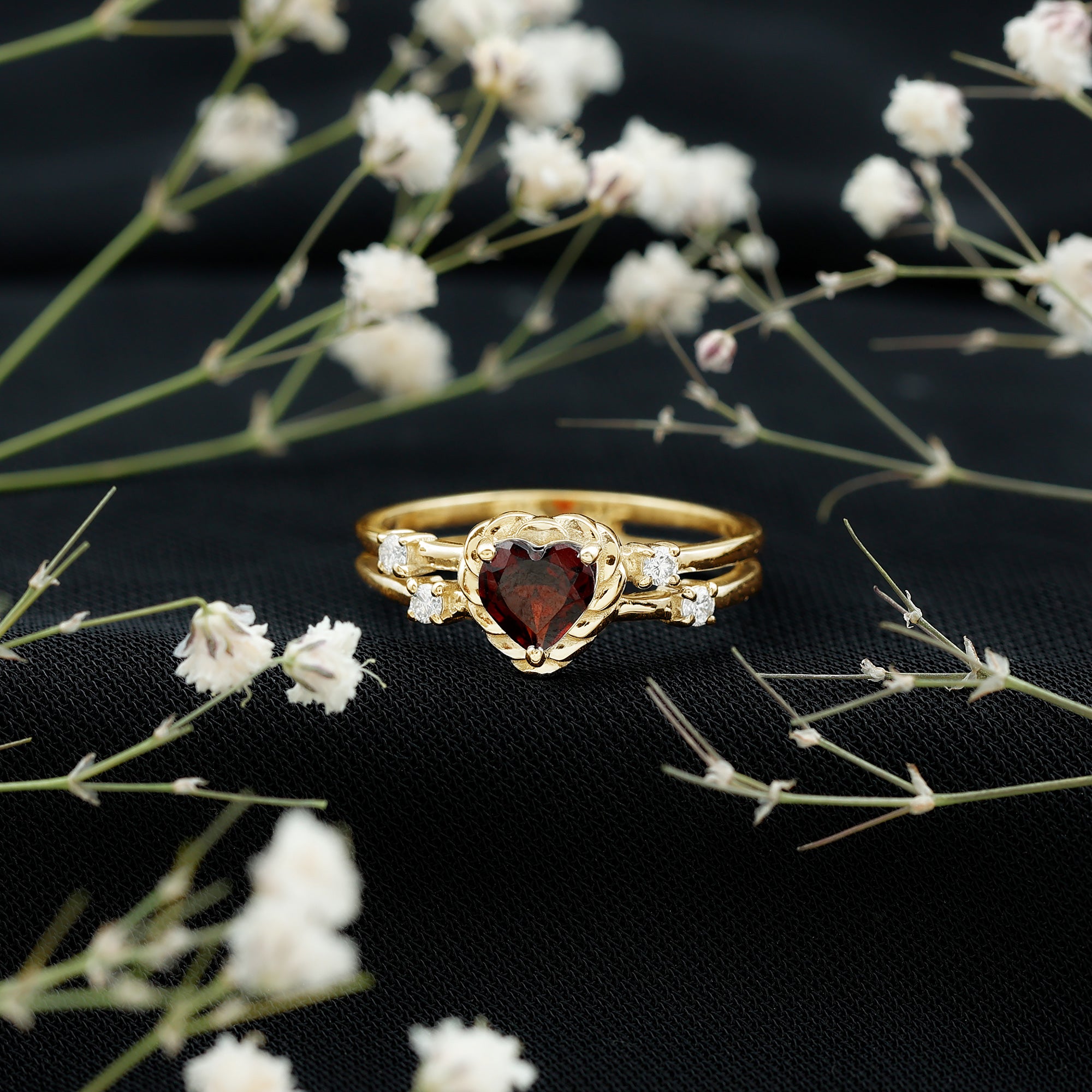 Rosec Jewels-Natural Heart Shaped Garnet Diamond Double Band Engagement Ring
