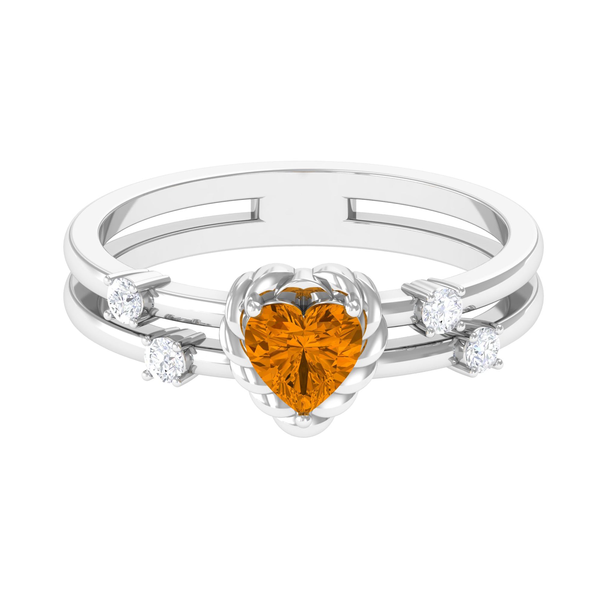 Rosec Jewels-Heart Shape Citrine Solitaire Double Band Ring with Diamond