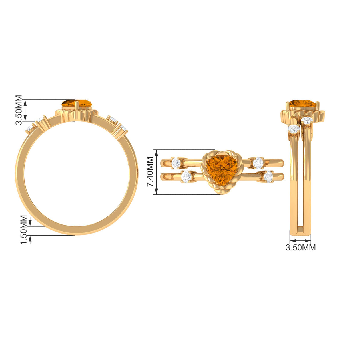 Heart Shape Citrine Solitaire Double Band Ring with Diamond AAA - Rosec Jewels