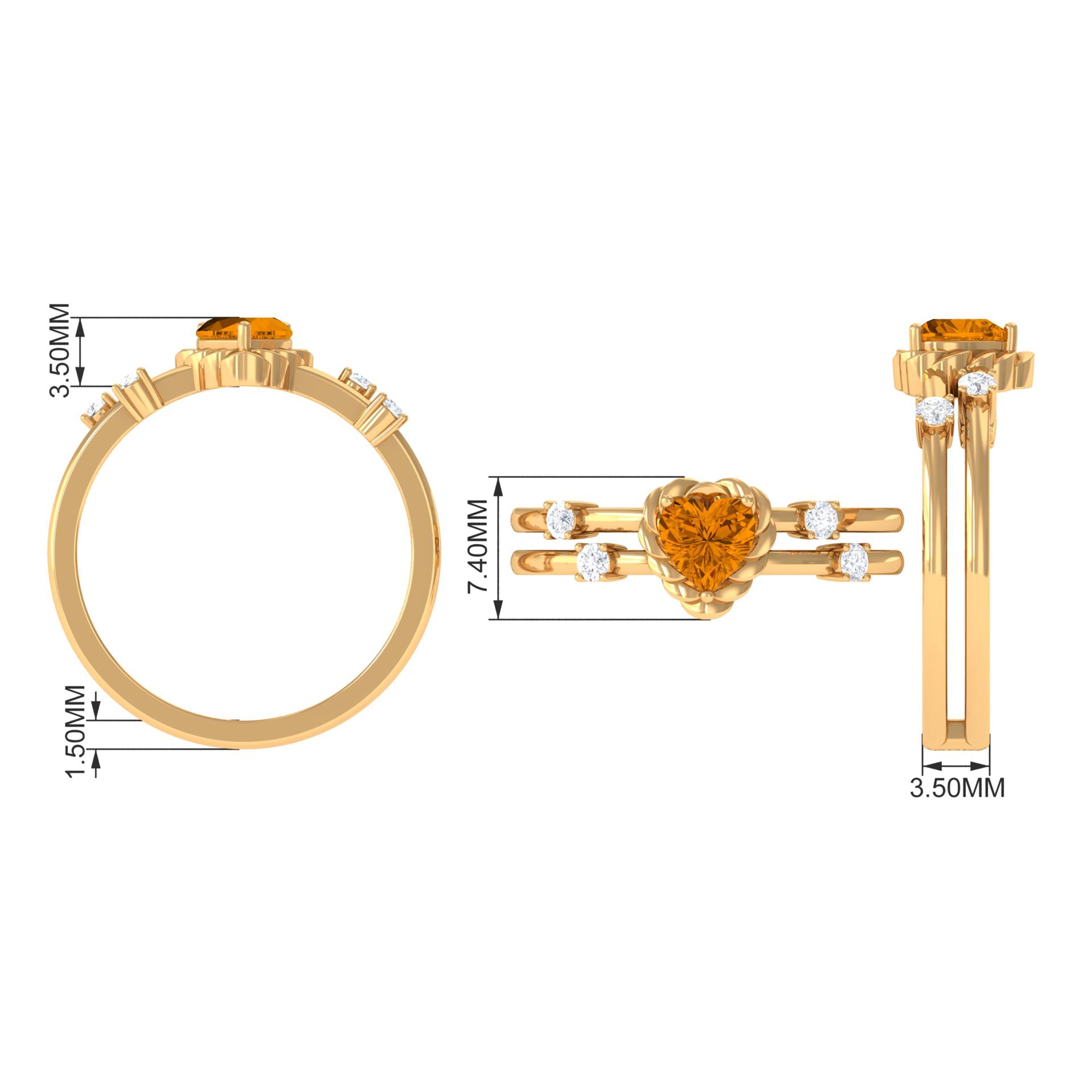 Rosec Jewels-Heart Shape Citrine Solitaire Double Band Ring with Diamond