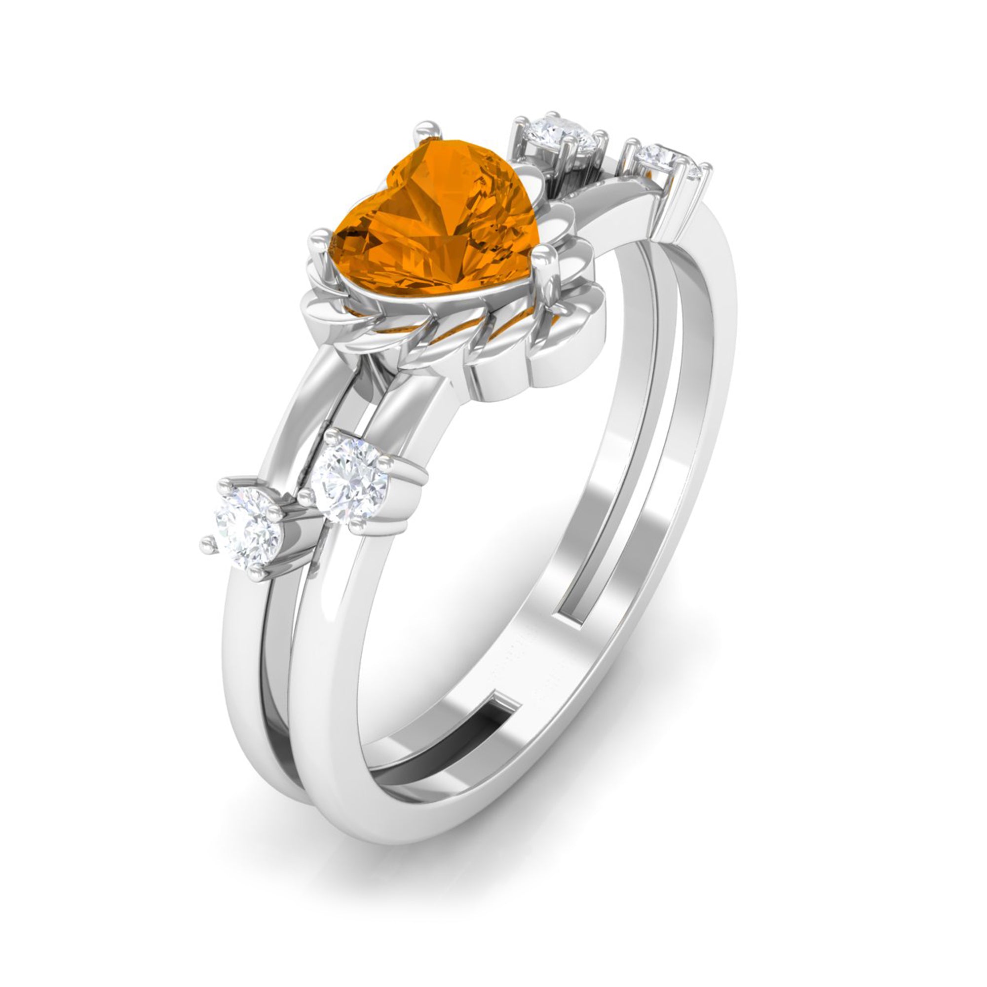 Rosec Jewels-Heart Shape Citrine Solitaire Double Band Ring with Diamond