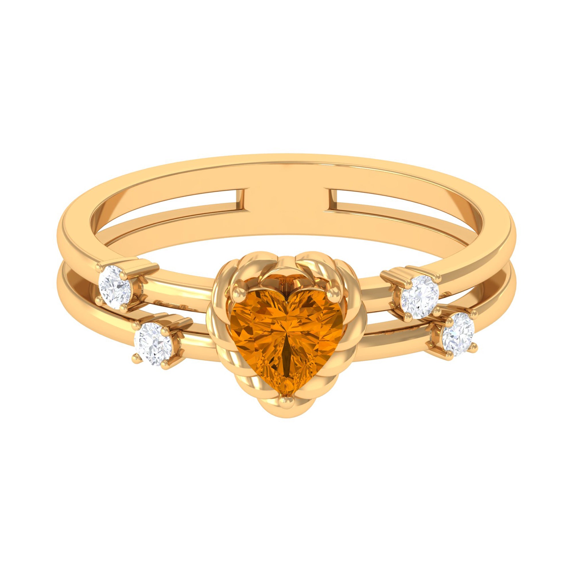 Rosec Jewels-Heart Shape Citrine Solitaire Double Band Ring with Diamond