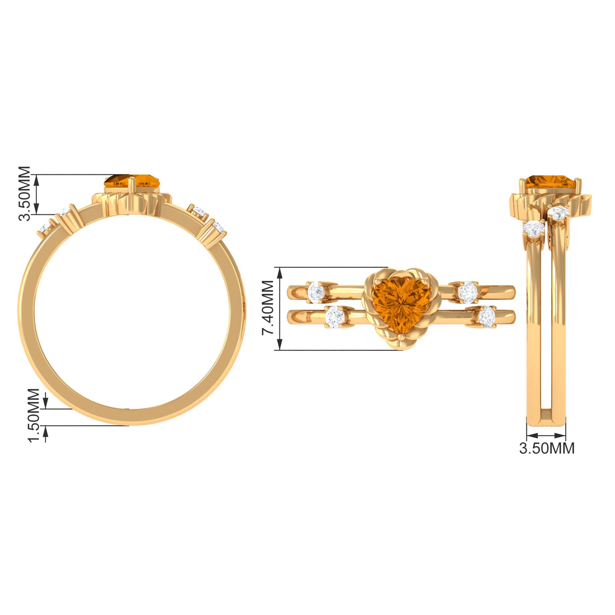 Rosec Jewels-Heart Shape Citrine Solitaire Double Band Ring with Diamond