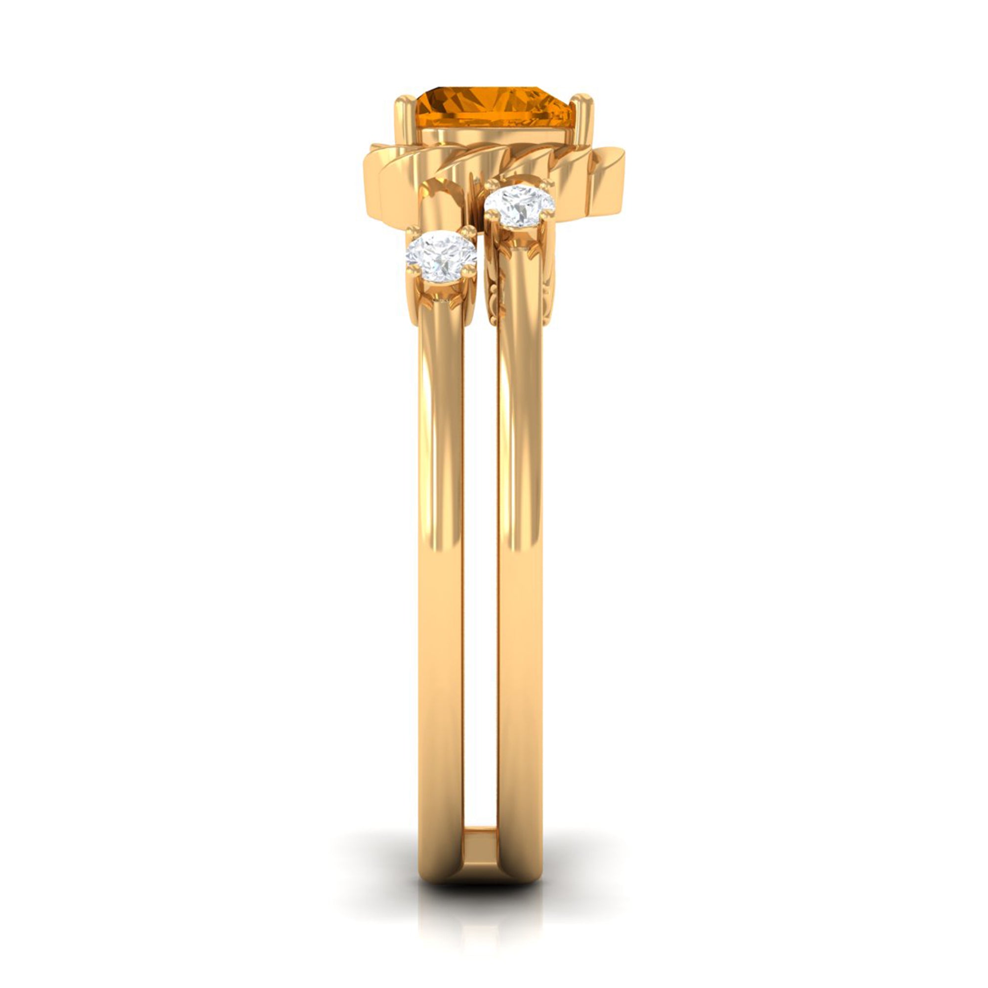Rosec Jewels-Heart Shape Citrine Solitaire Double Band Ring with Diamond