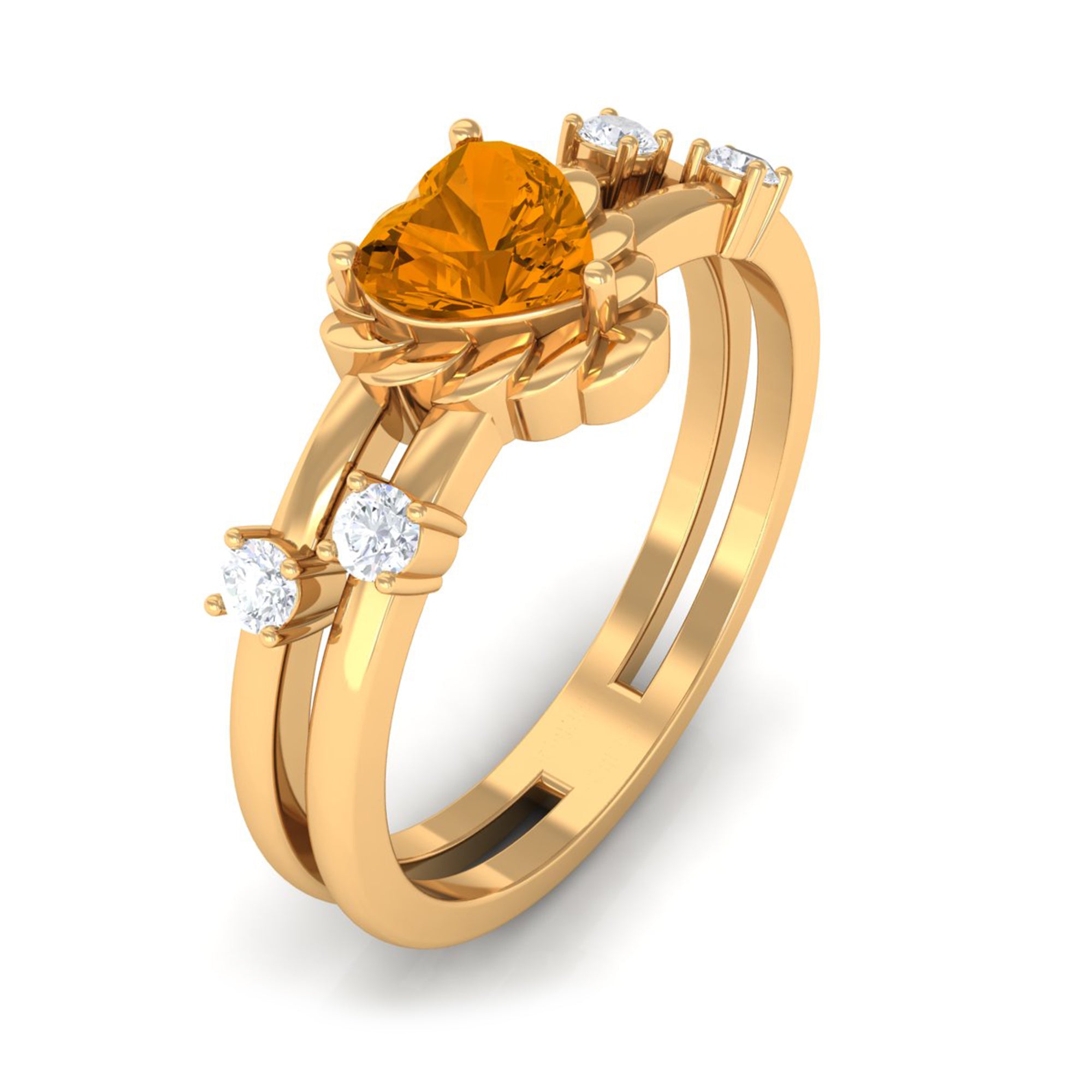 Rosec Jewels-Heart Shape Citrine Solitaire Double Band Ring with Diamond