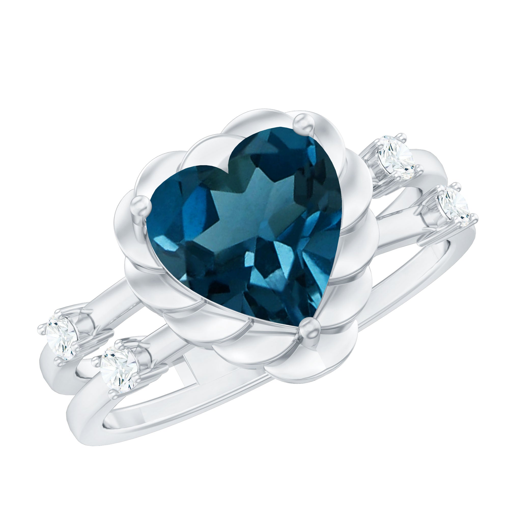 3/4 CT Heart Shape London Blue Topaz Double Band Ring with Diamond AAA - Rosec Jewels