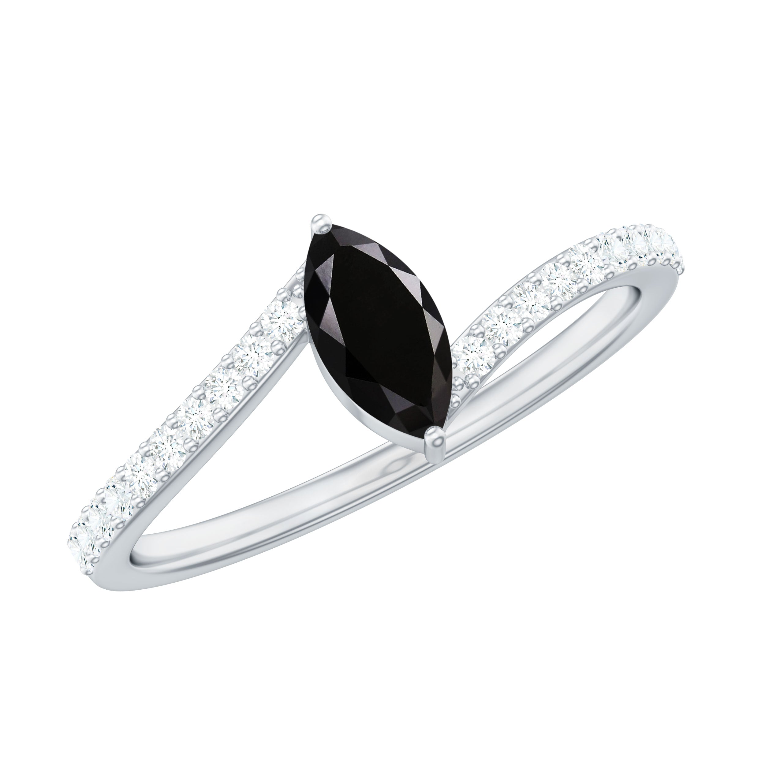 4X8mm Marquise Cut Black Onyx Promise Ring with Diamond Bypass Shank AAA - Rosec Jewels