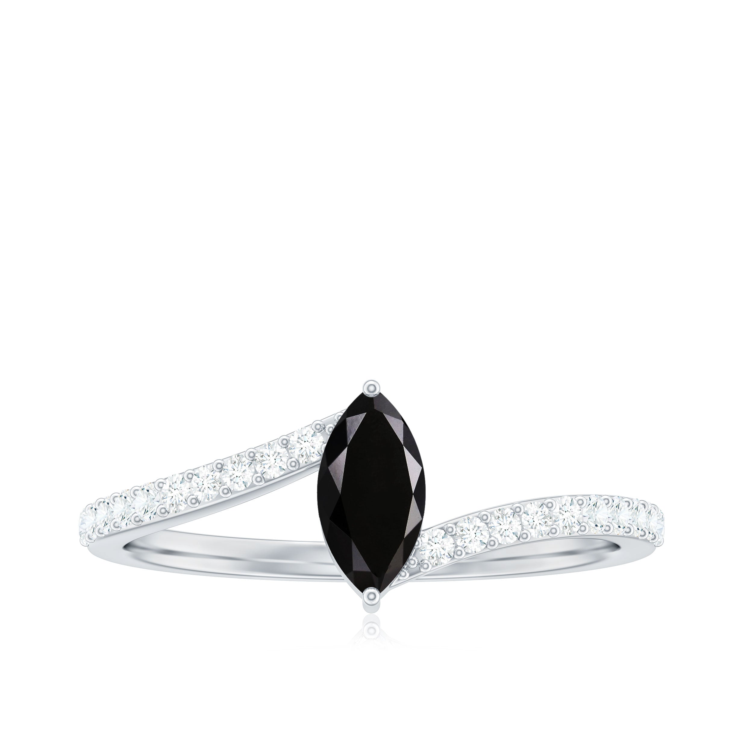 4X8mm Marquise Cut Black Onyx Promise Ring with Diamond Bypass Shank AAA - Rosec Jewels