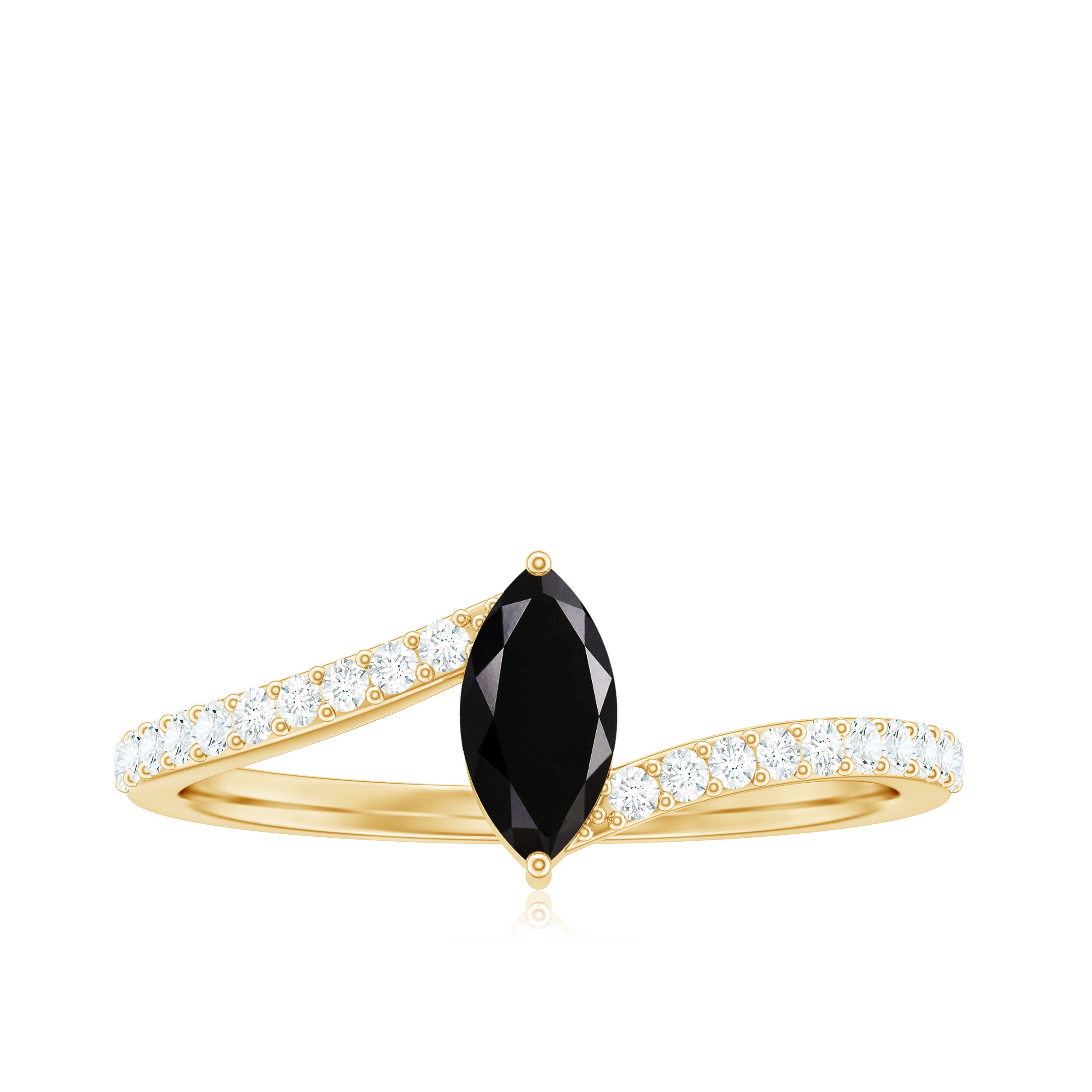 4X8mm Marquise Cut Black Onyx Promise Ring with Diamond Bypass Shank AAA - Rosec Jewels