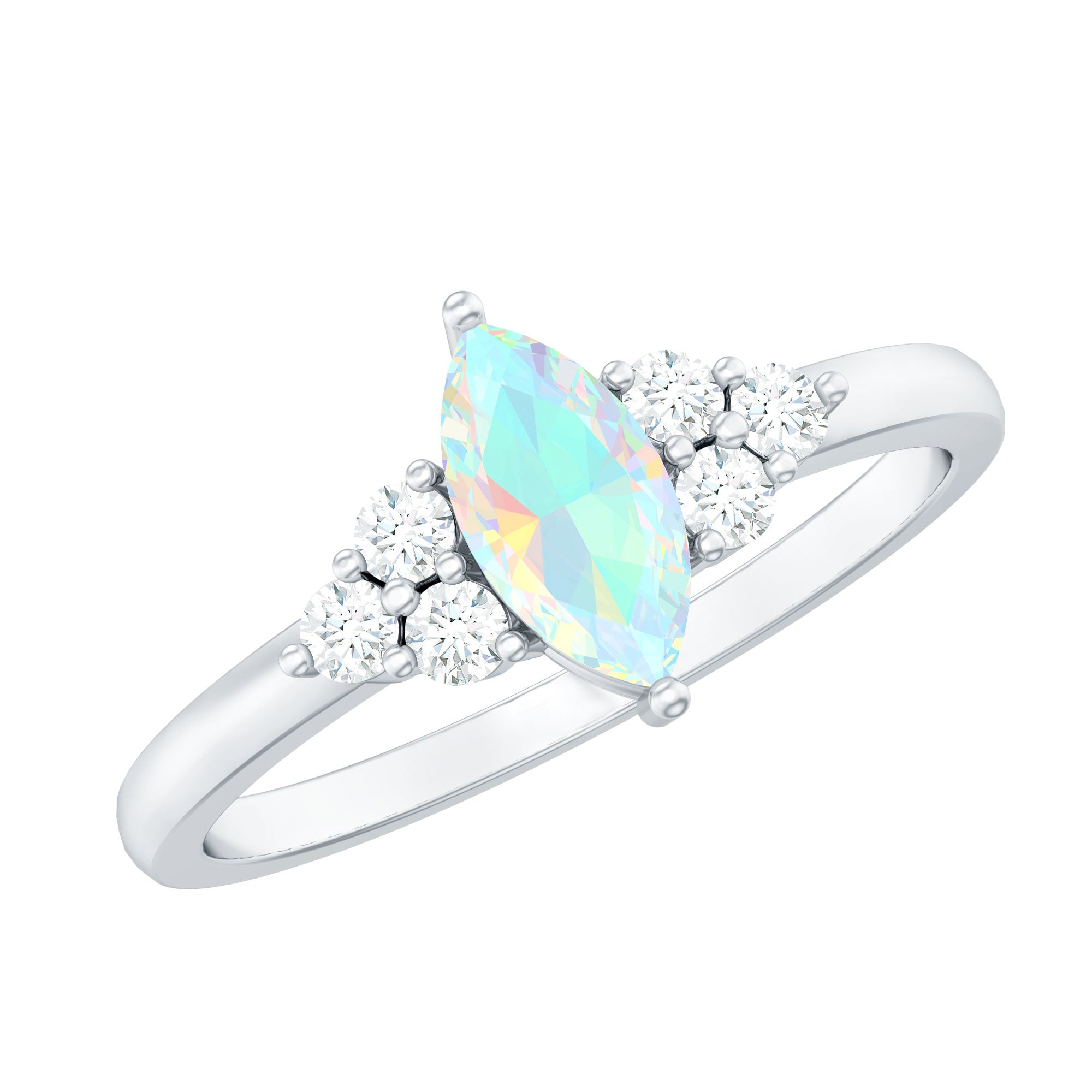 Vintage Looking Rainbow Opal Marquise Engagement Ring with Diamond Trio