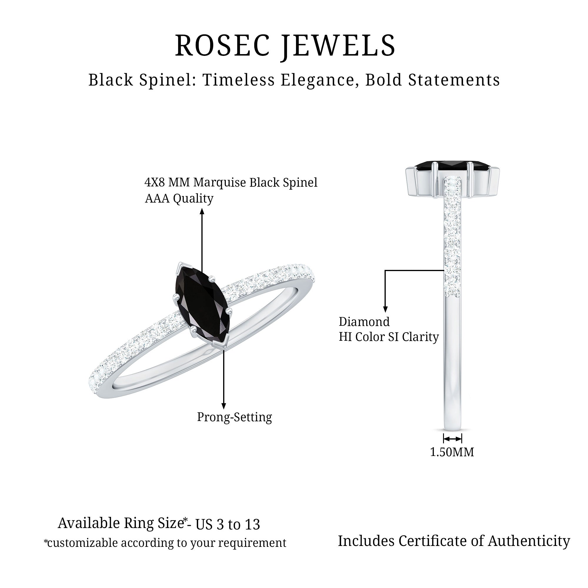 Marquise Black Spinel Diamond Promise Ring for Proposal AAA - Rosec Jewels