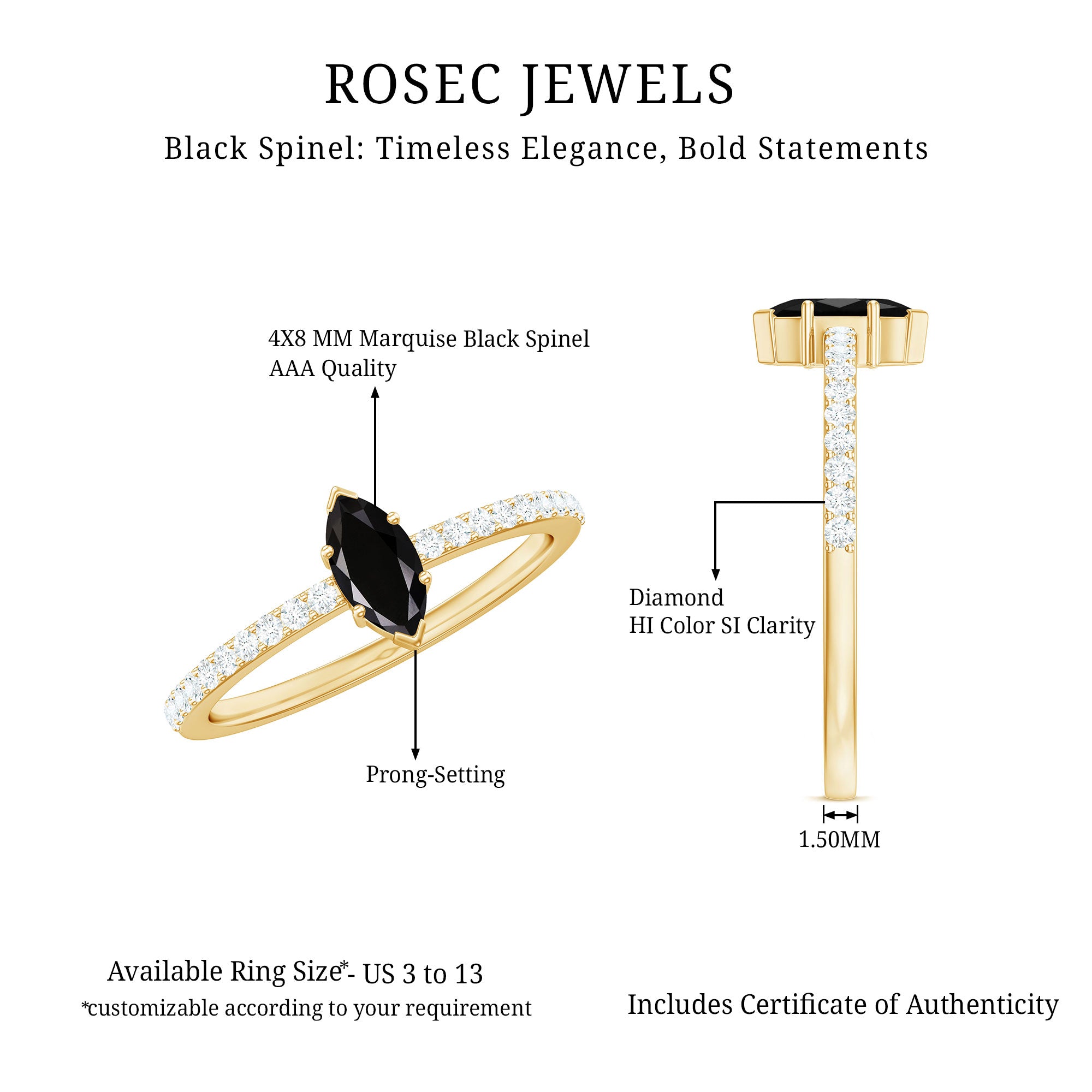 Marquise Black Spinel Diamond Promise Ring for Proposal AAA - Rosec Jewels