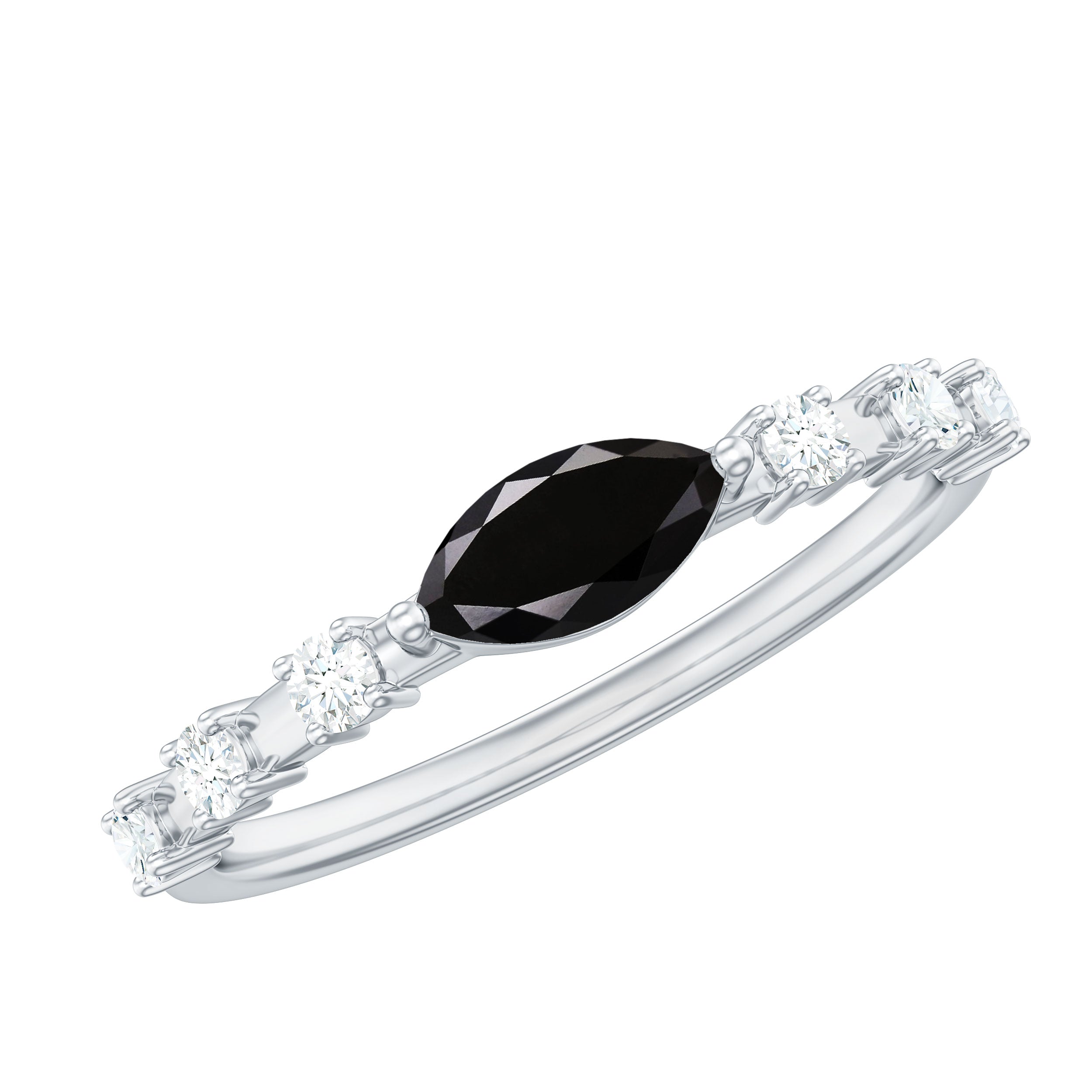 4x8mm Marquise Cut Black Onyx Minimal East West Ring with Diamond AAA - Rosec Jewels