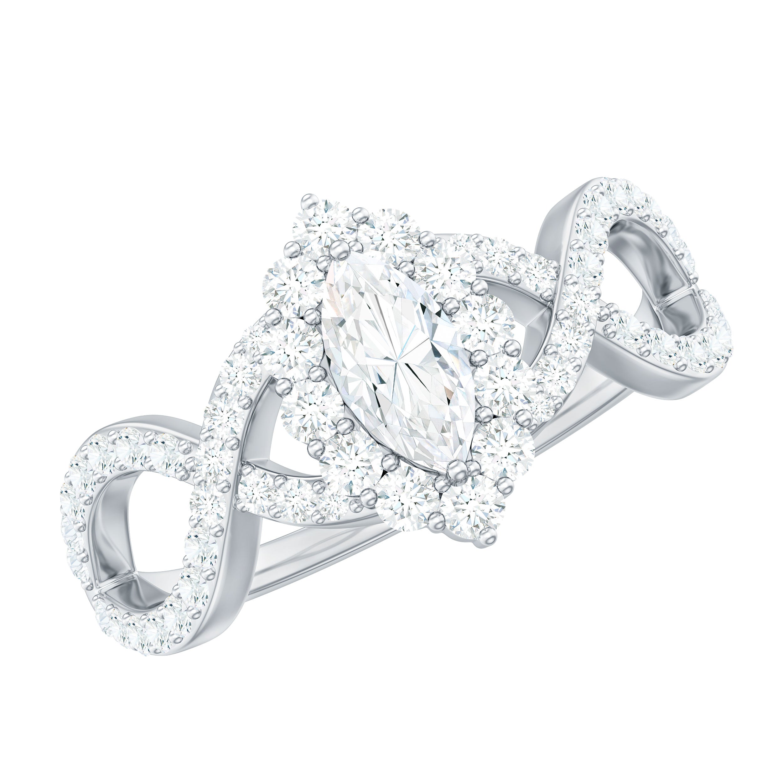 Marquise Moissanite Criss Cross Engagement Ring with Halo D-VS1 - Rosec Jewels