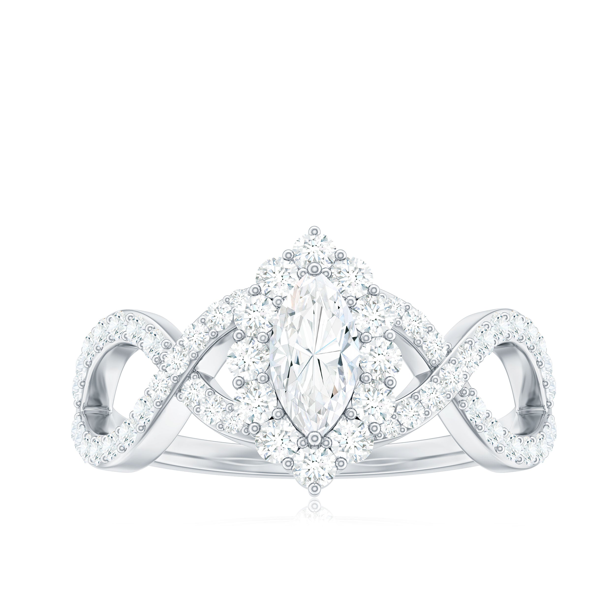 Marquise Moissanite Criss Cross Engagement Ring with Halo D-VS1 - Rosec Jewels