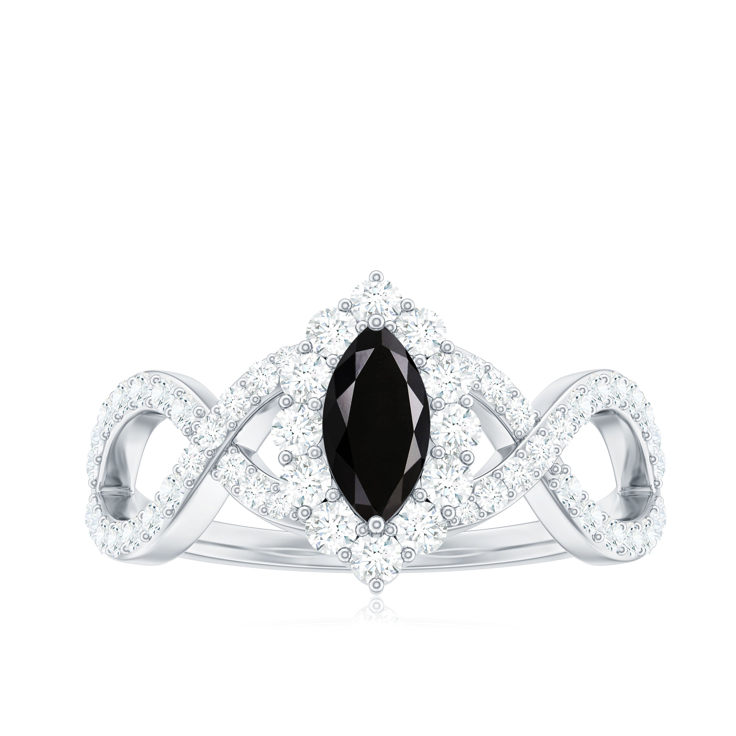 Rosec Jewels-Natural Marquise Black Spinel Engagement Ring with Diamond Crossover Shank