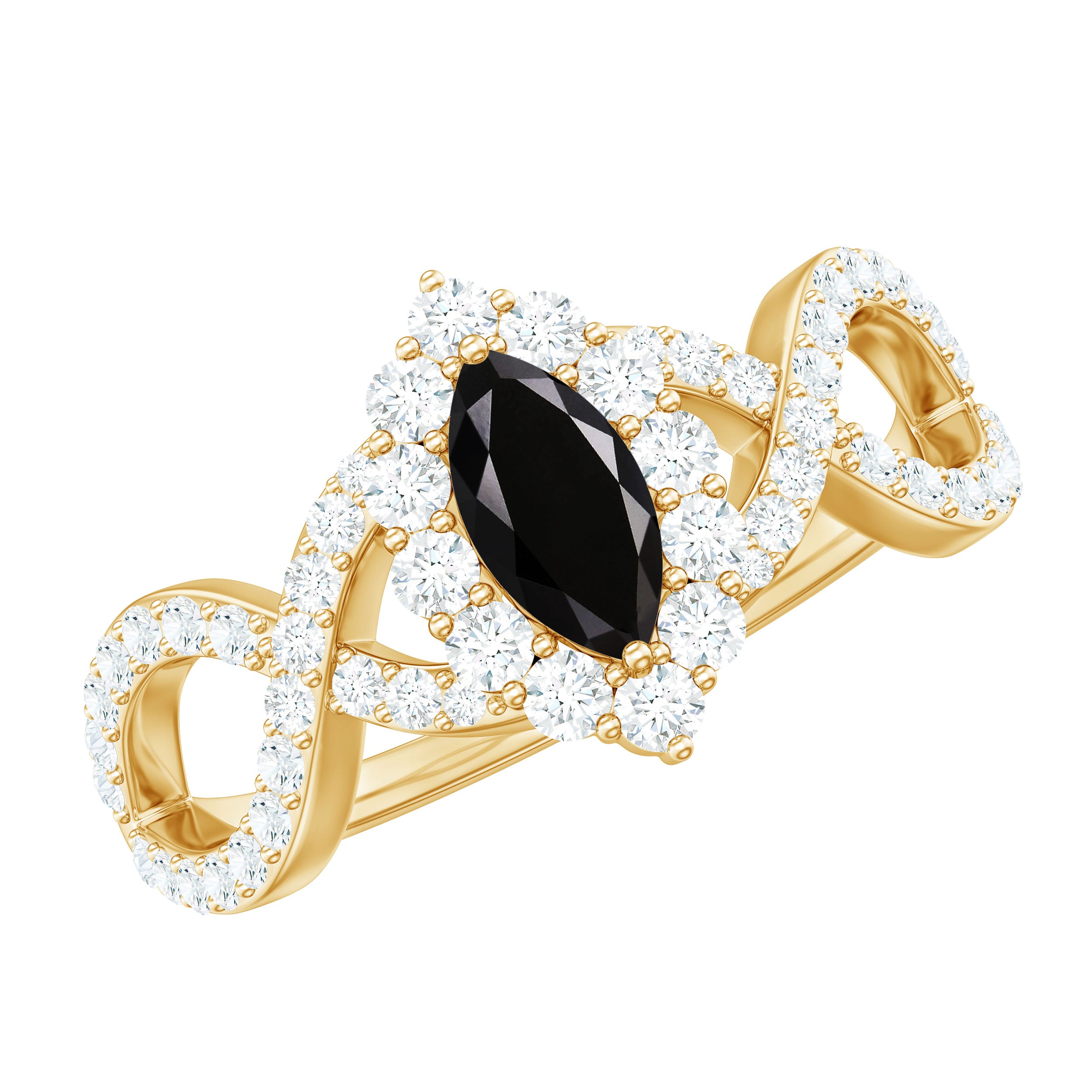 Rosec Jewels-Natural Marquise Black Spinel Engagement Ring with Diamond Crossover Shank