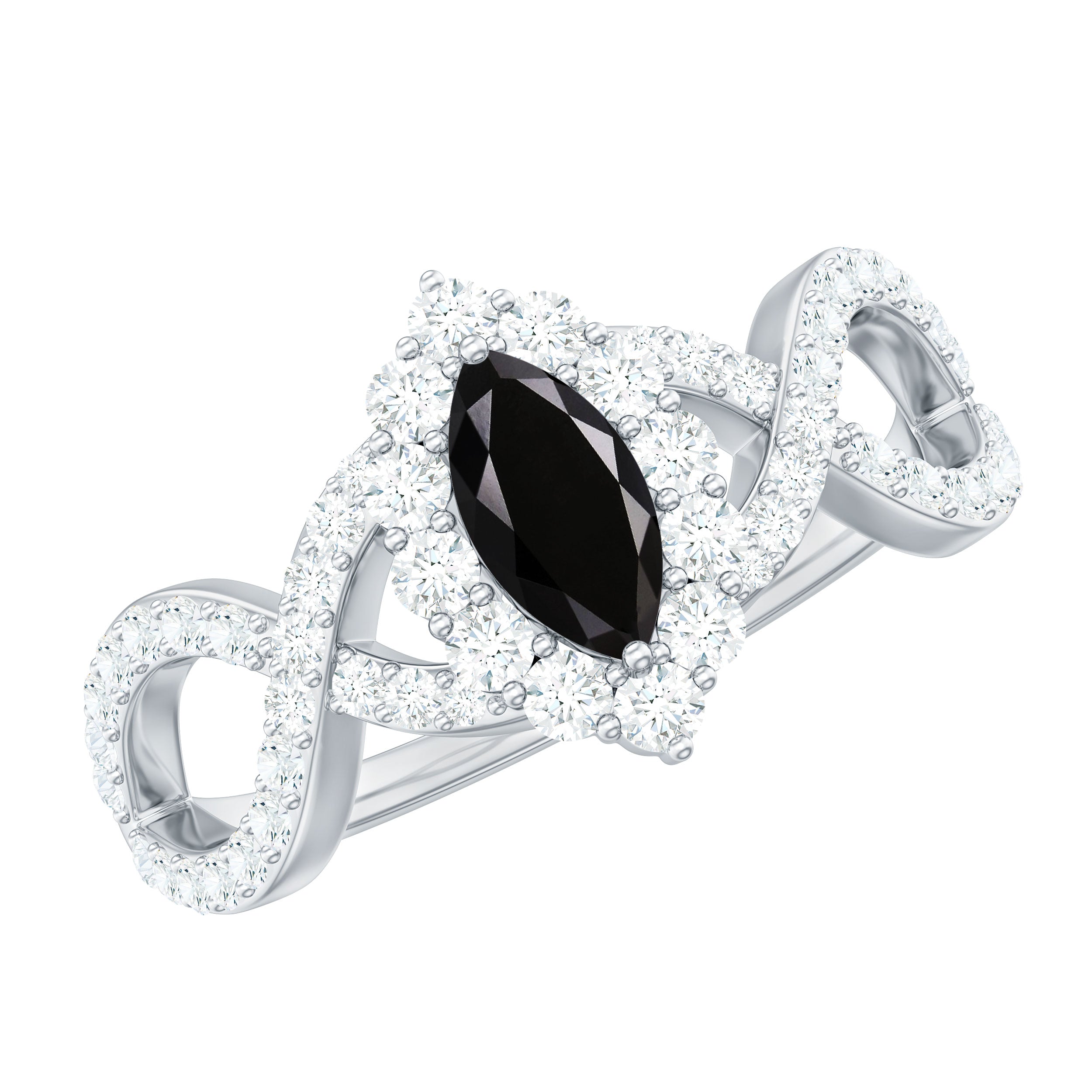 4x8mm Marquise Cut Black Onyx Statement Engagement Ring with Diamond Halo AAA - Rosec Jewels