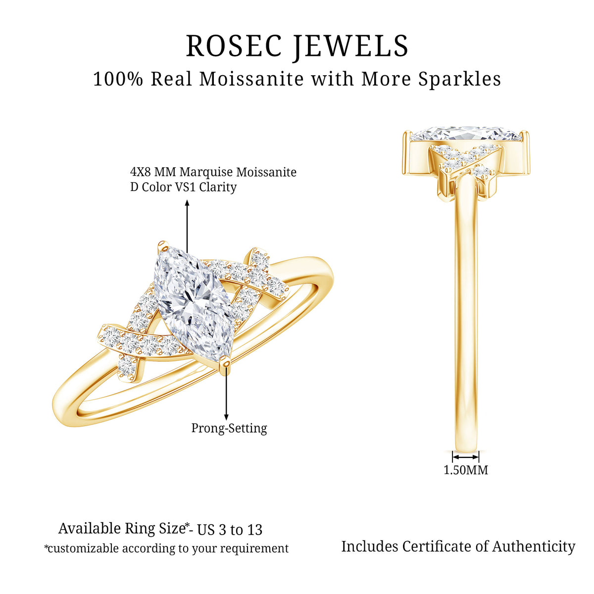Certified Moissanite Marquise Engagement Ring for Women D-VS1 - Rosec Jewels