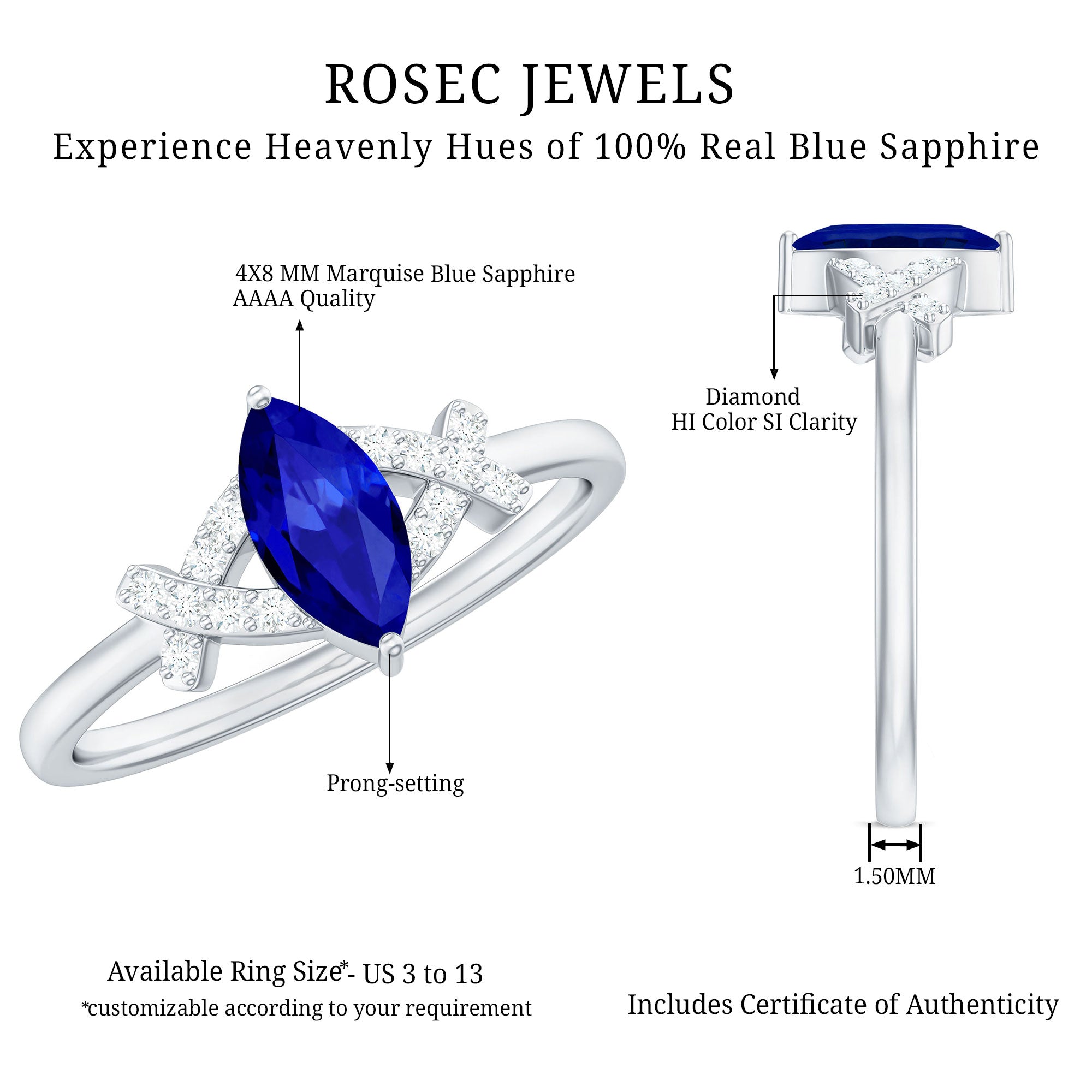 Certified 0.75 Carat Lab Grown Blue Sapphire Marquise Engagement Ring with Diamond AAAA - Rosec Jewels