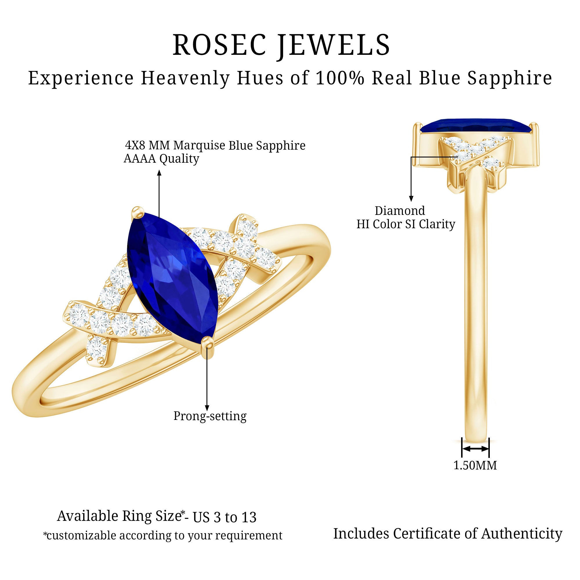 Certified 0.75 Carat Lab Grown Blue Sapphire Marquise Engagement Ring with Diamond AAAA - Rosec Jewels