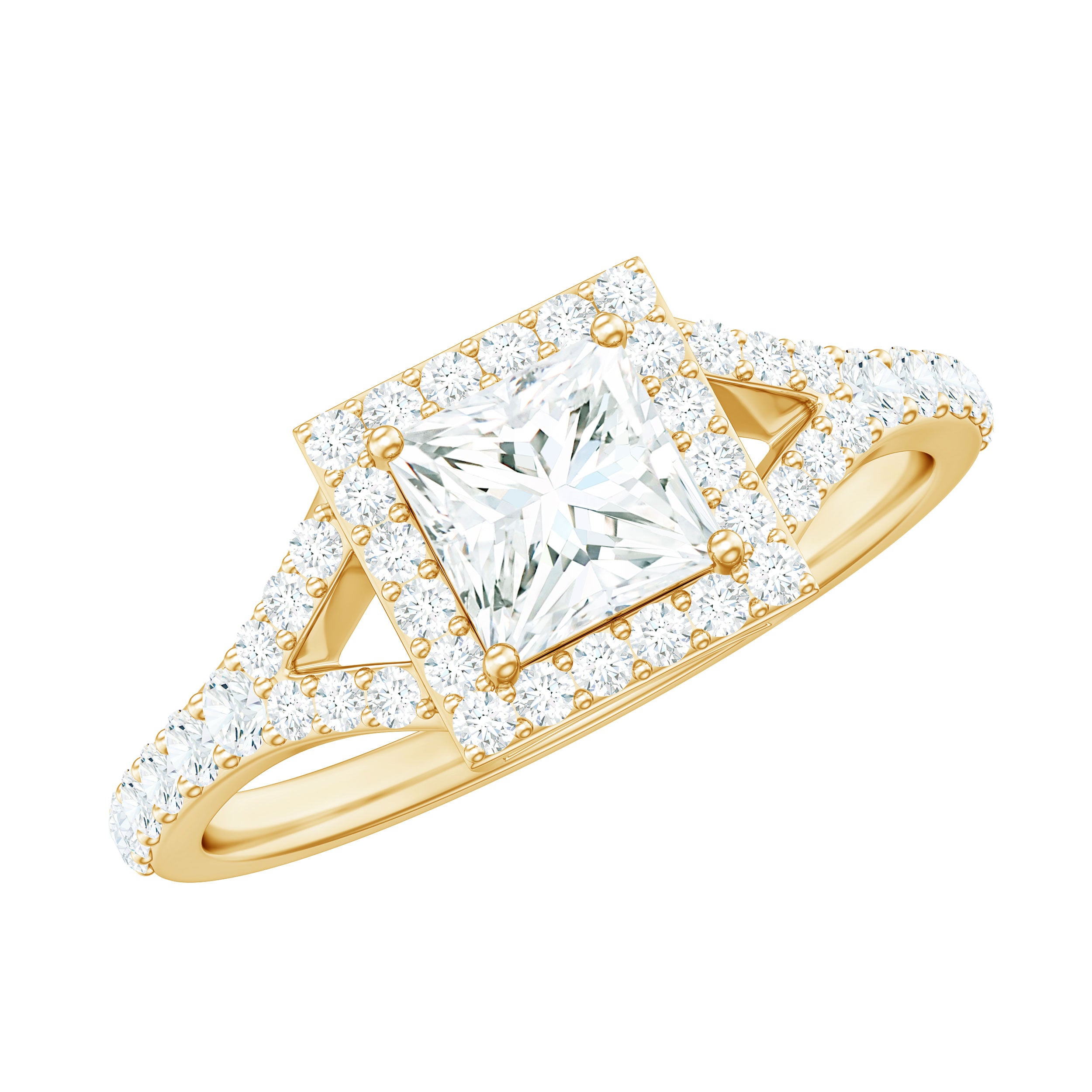 Rosec Jewels-Princess Cut Moissanite Halo Engagement Ring with Split Band