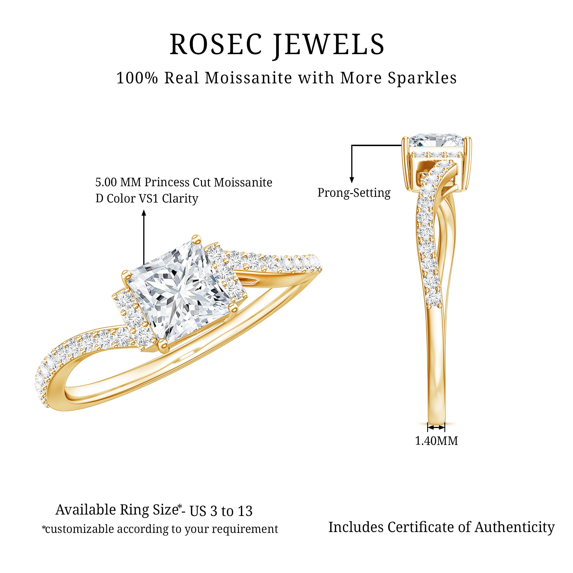 Princess Cut Moissanite Bypass Engagement Ring for Women D-VS1 - Rosec Jewels