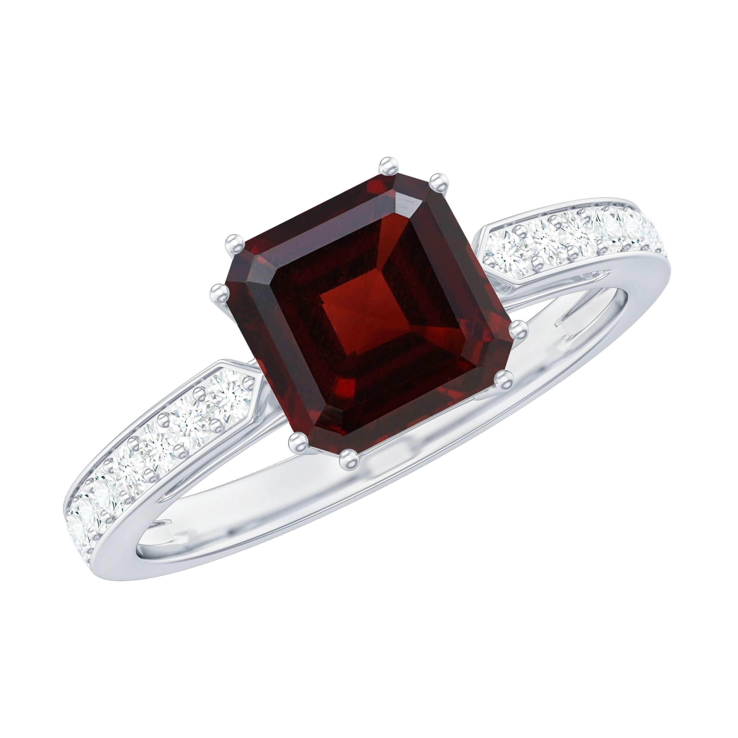 Natural Garnet 8 mm Asscher Cut Engagement Ring with Diamond AAA - Rosec Jewels