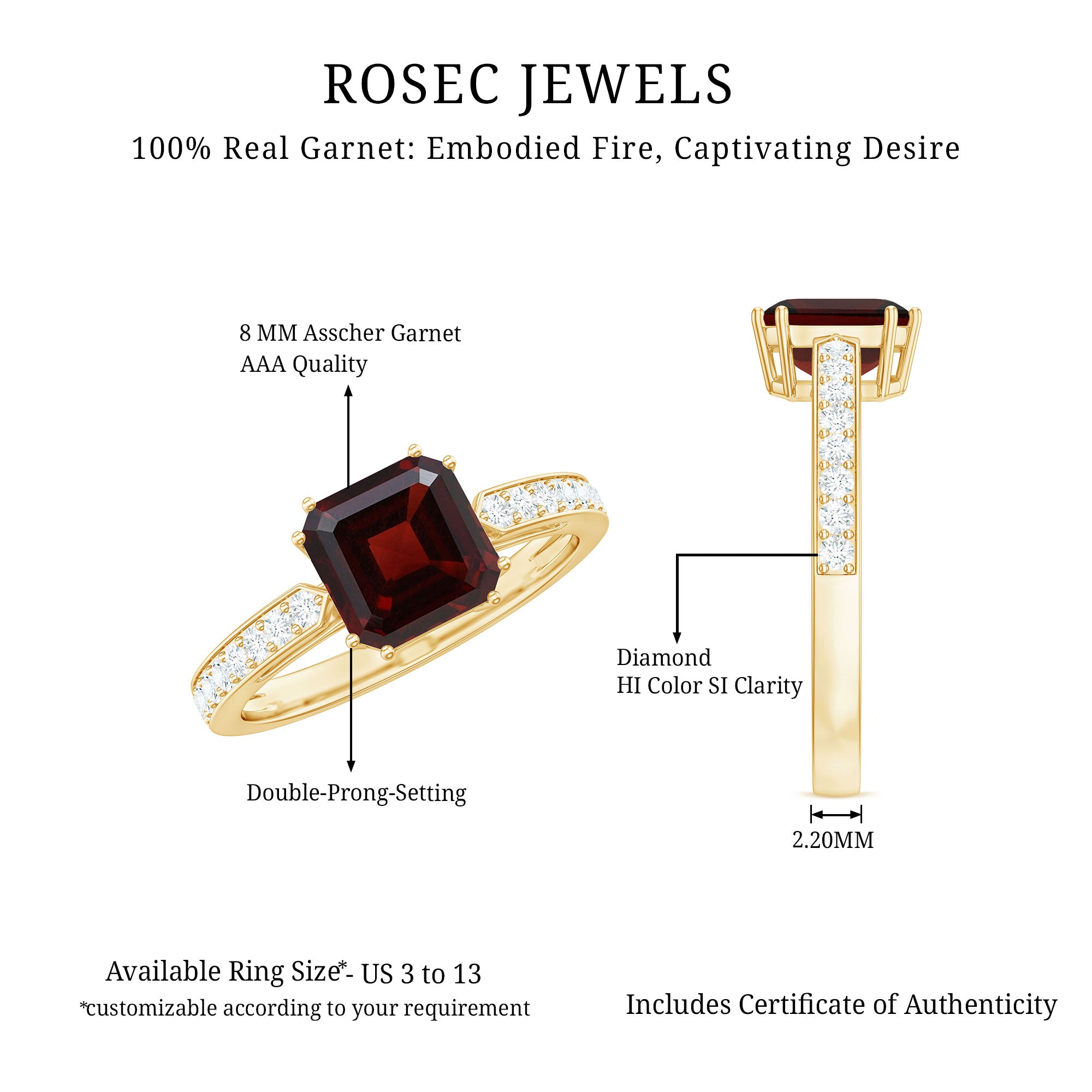 Natural Garnet 8 mm Asscher Cut Engagement Ring with Diamond AAA - Rosec Jewels