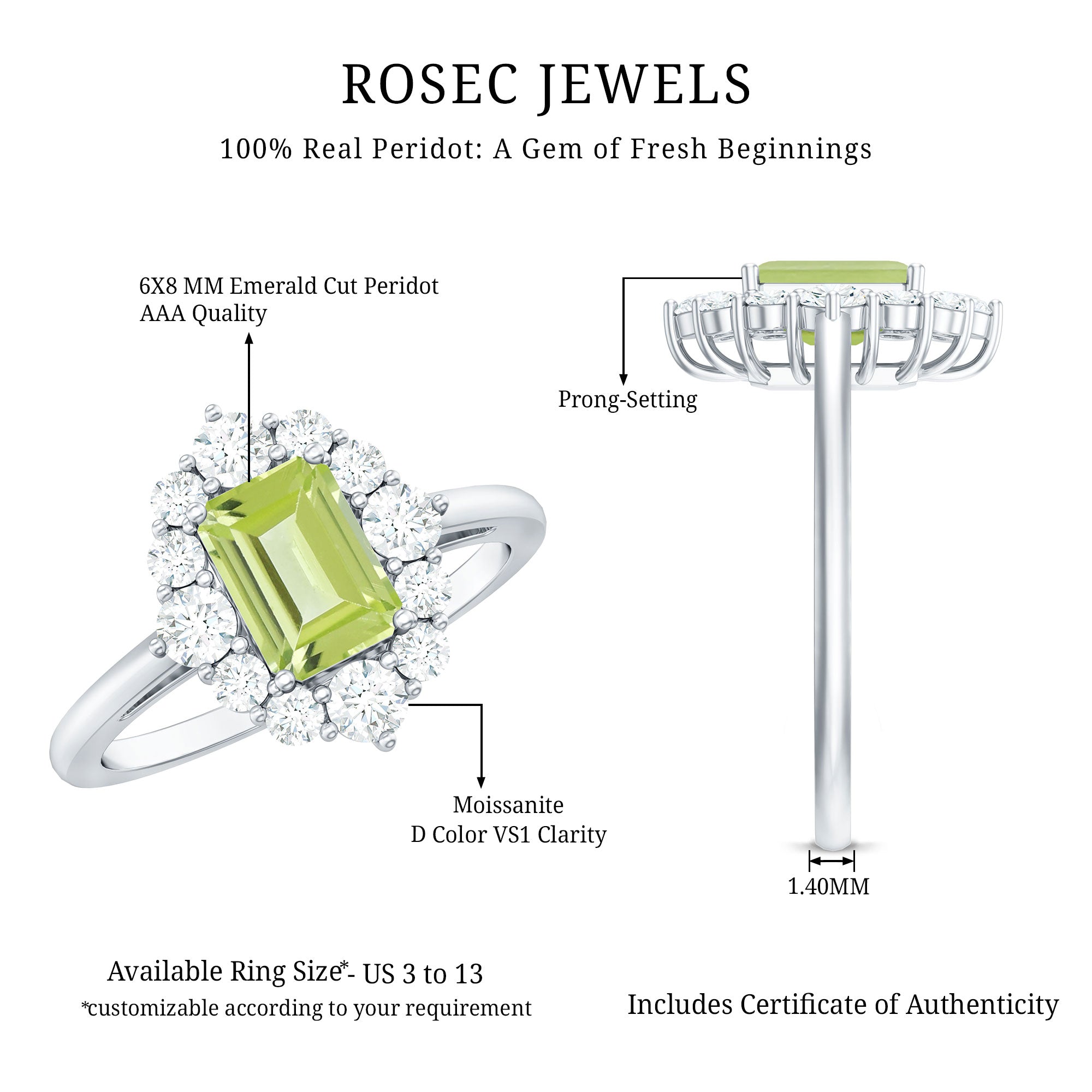 Natural 1.8 Carat Peridot Emerald Cut Engagement Ring with Diamond Halo AAA - Rosec Jewels