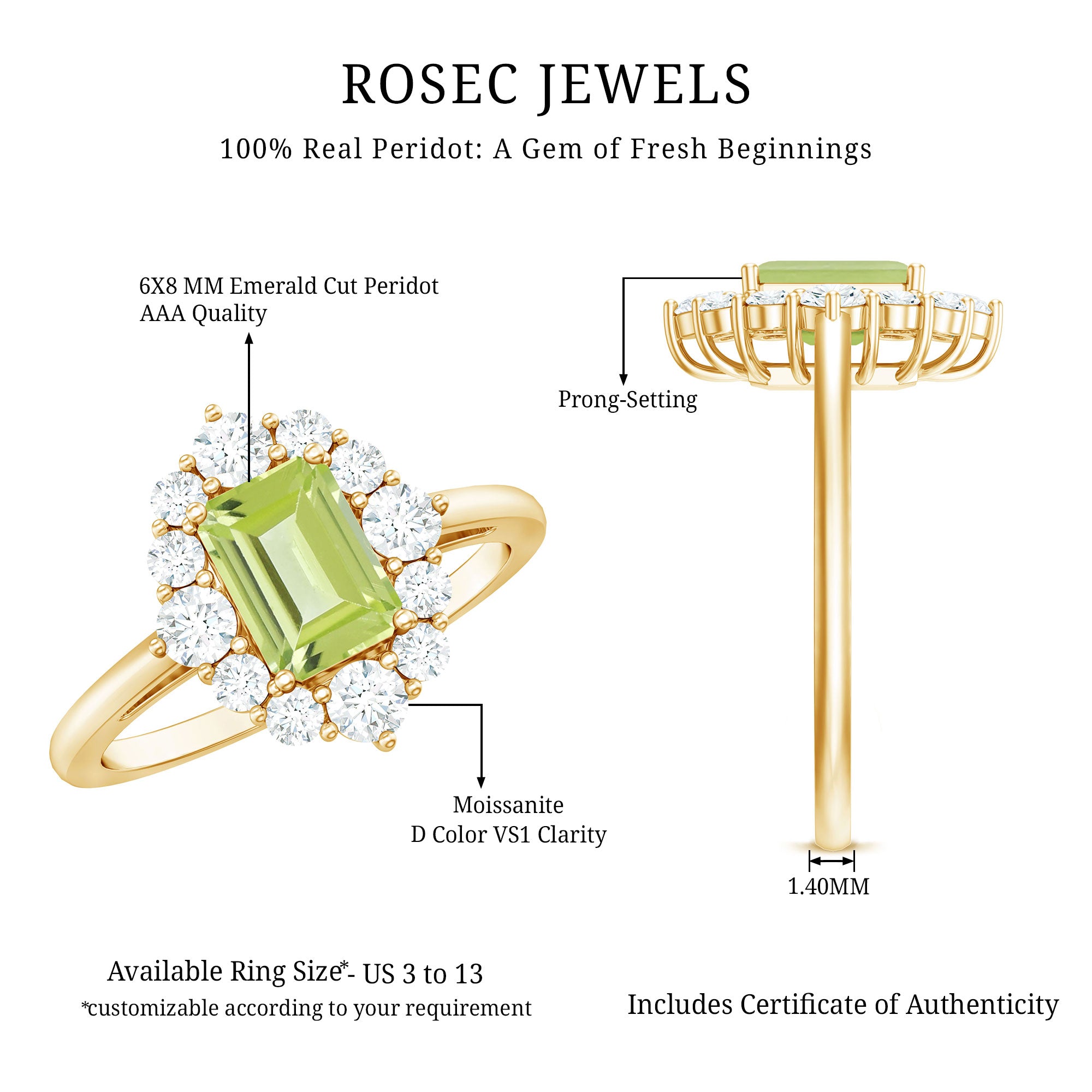 Natural 1.8 Carat Peridot Emerald Cut Engagement Ring with Diamond Halo AAA - Rosec Jewels