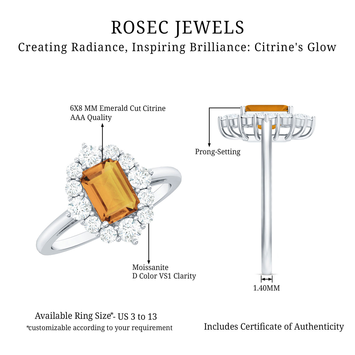 Certified Real 1.8 Carat Citrine Emerald Cut Engagement Ring with Diamond Halo AAA - Rosec Jewels