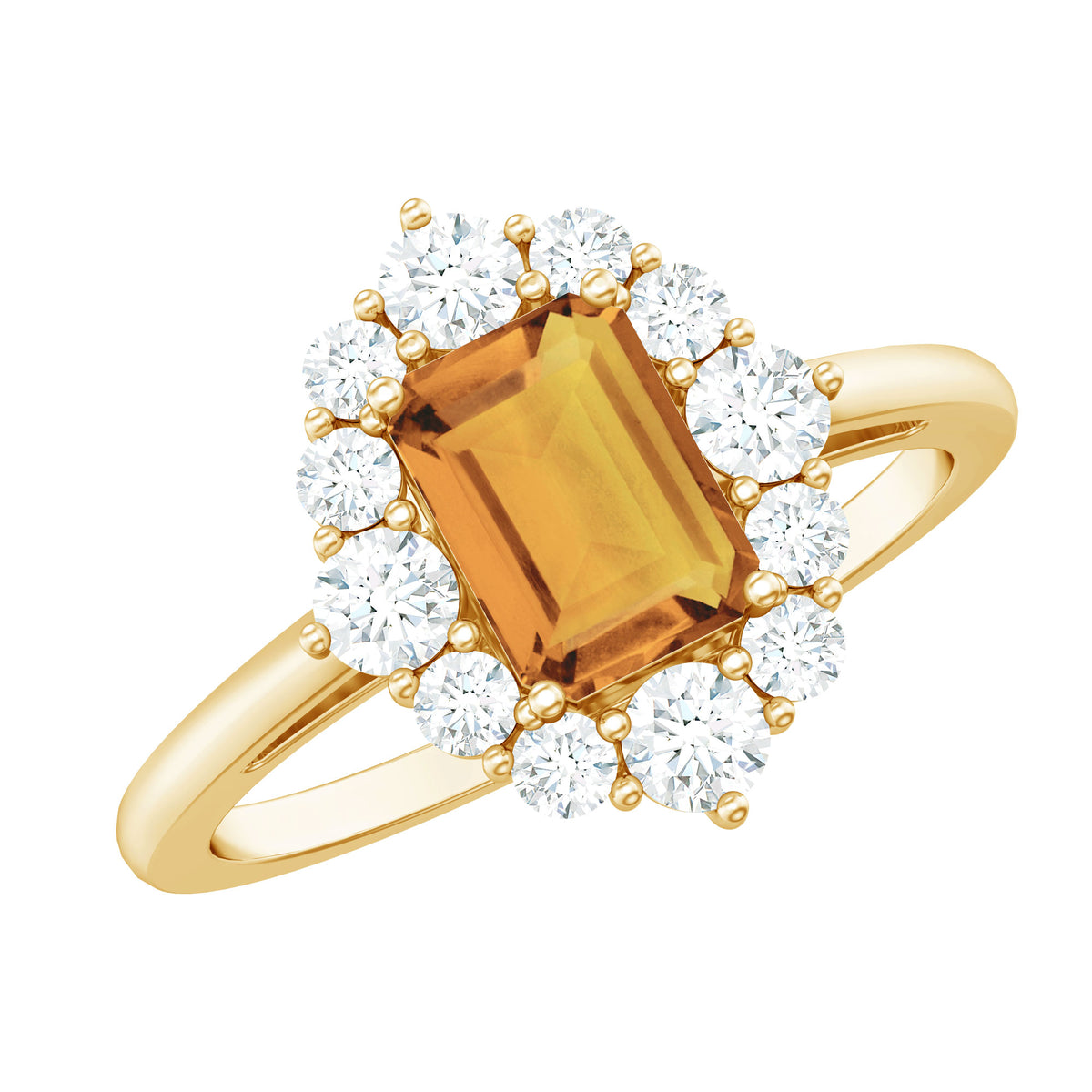Certified Real 1.8 Carat Citrine Emerald Cut Engagement Ring with Diamond Halo AAA - Rosec Jewels