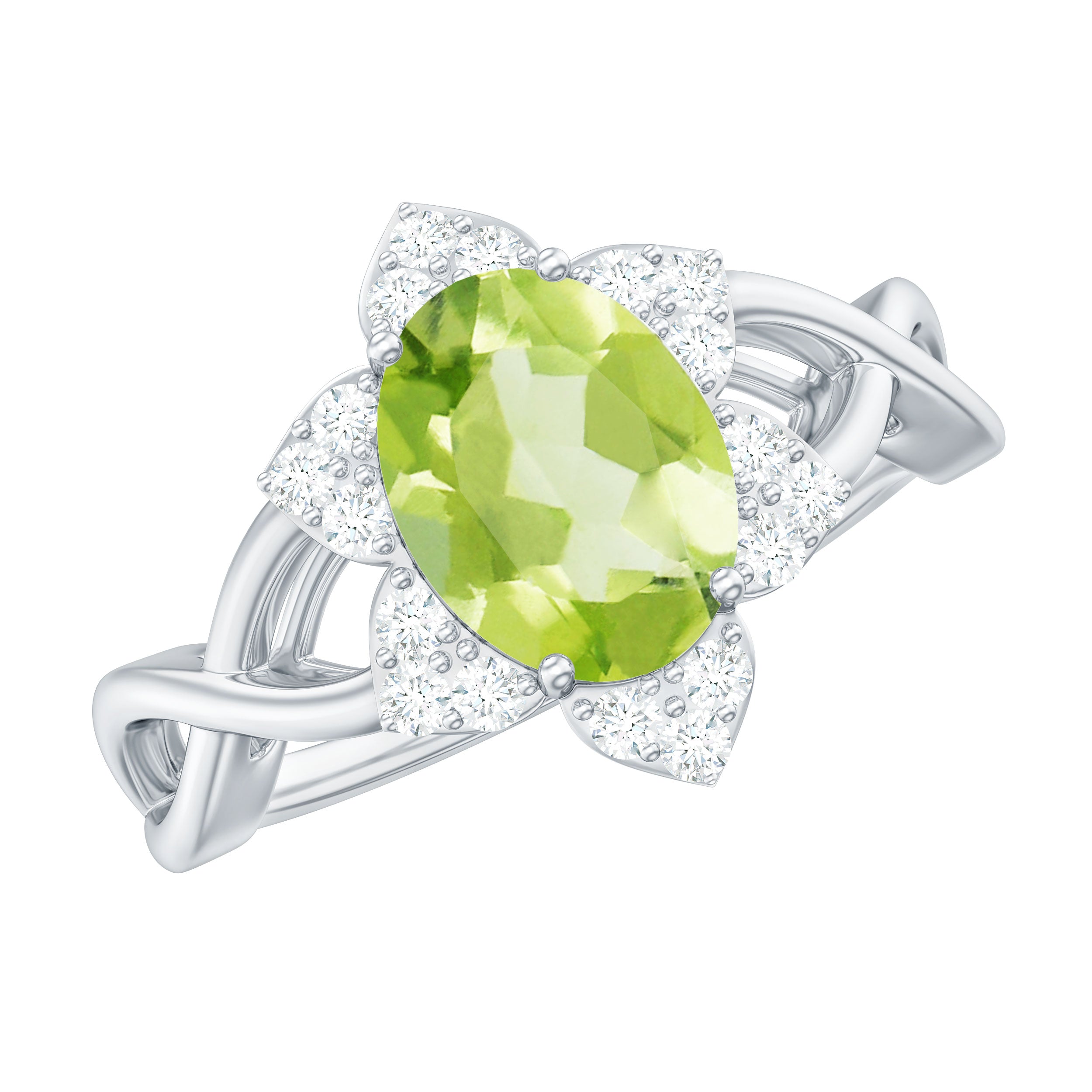 Natural 1 Carat Oval Peridot Flower Engagement Ring with Diamond AAA - Rosec Jewels