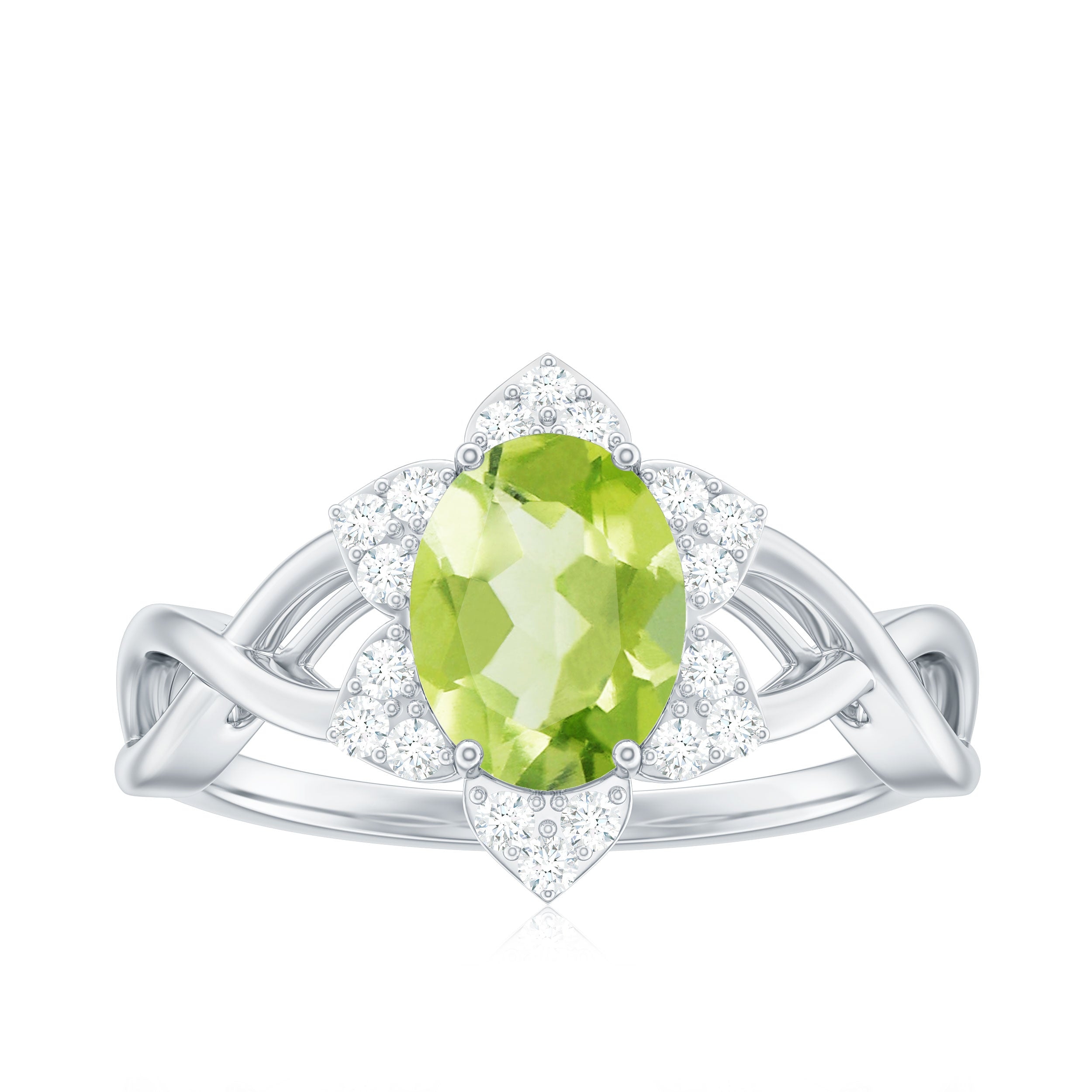 Natural 1 Carat Oval Peridot Flower Engagement Ring with Diamond AAA - Rosec Jewels