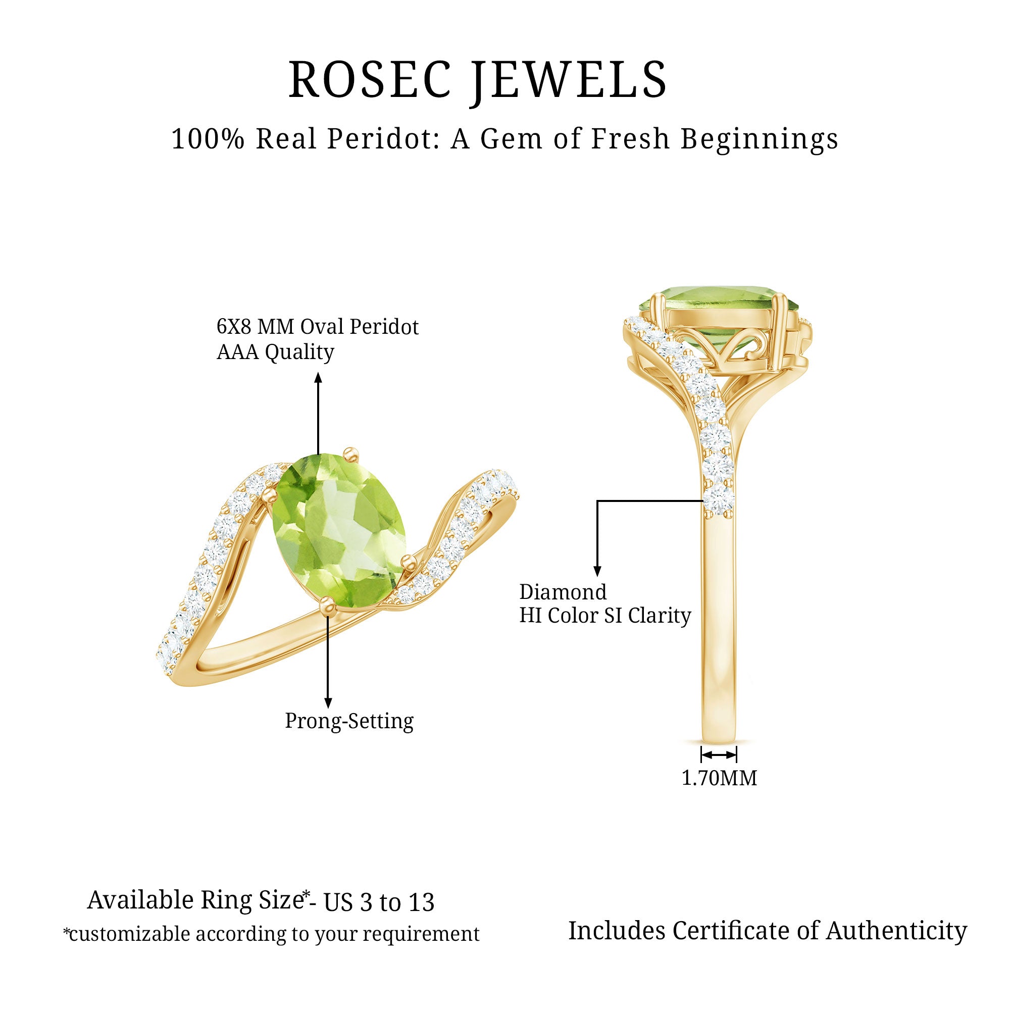 Natural 1 Carat Oval Peridot Engagement Ring with Diamond Bypass Shank AAA - Rosec Jewels