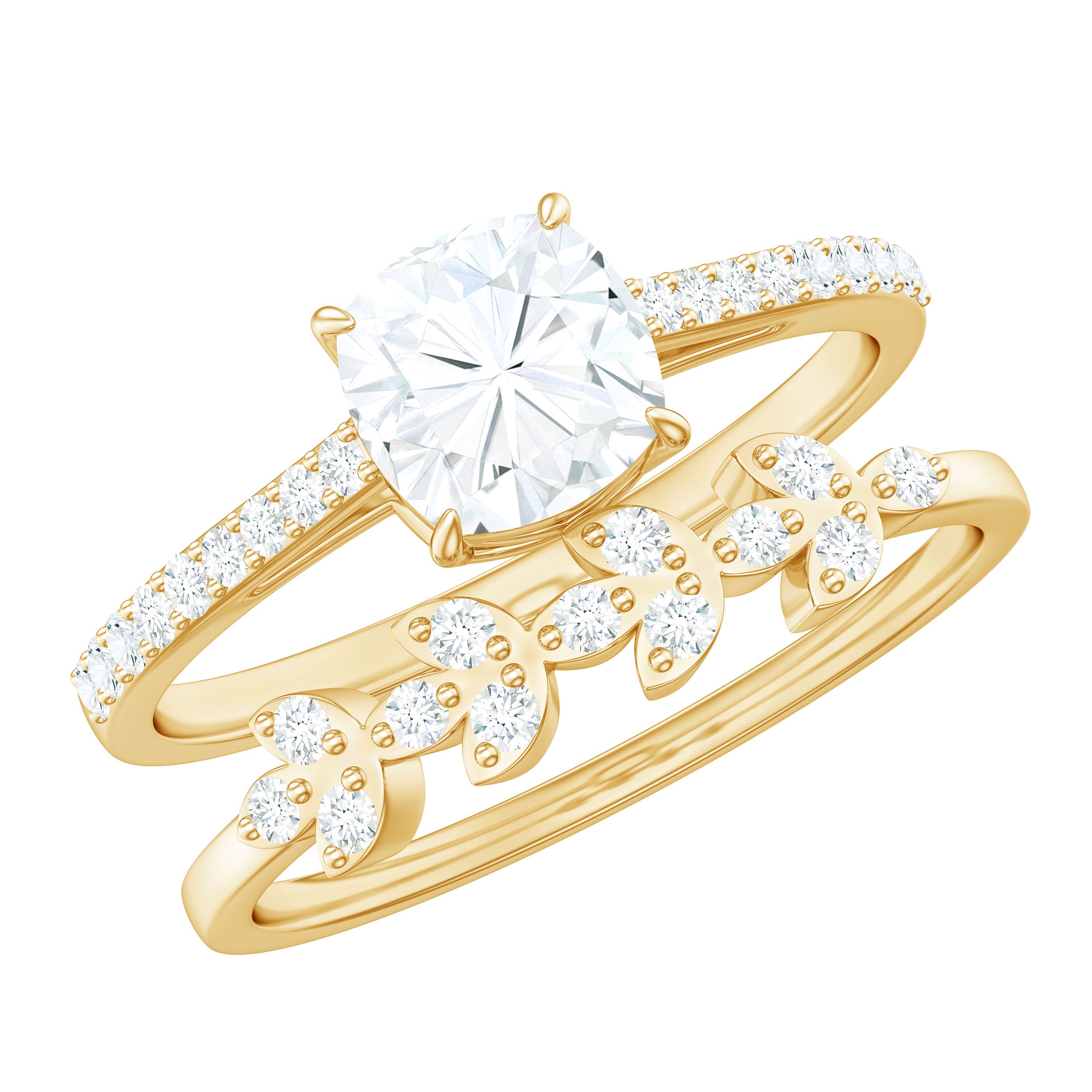 Claw Set Cushion Cut Moissanite Engagement Ring with Leaf Wedding Band D-VS1 - Rosec Jewels