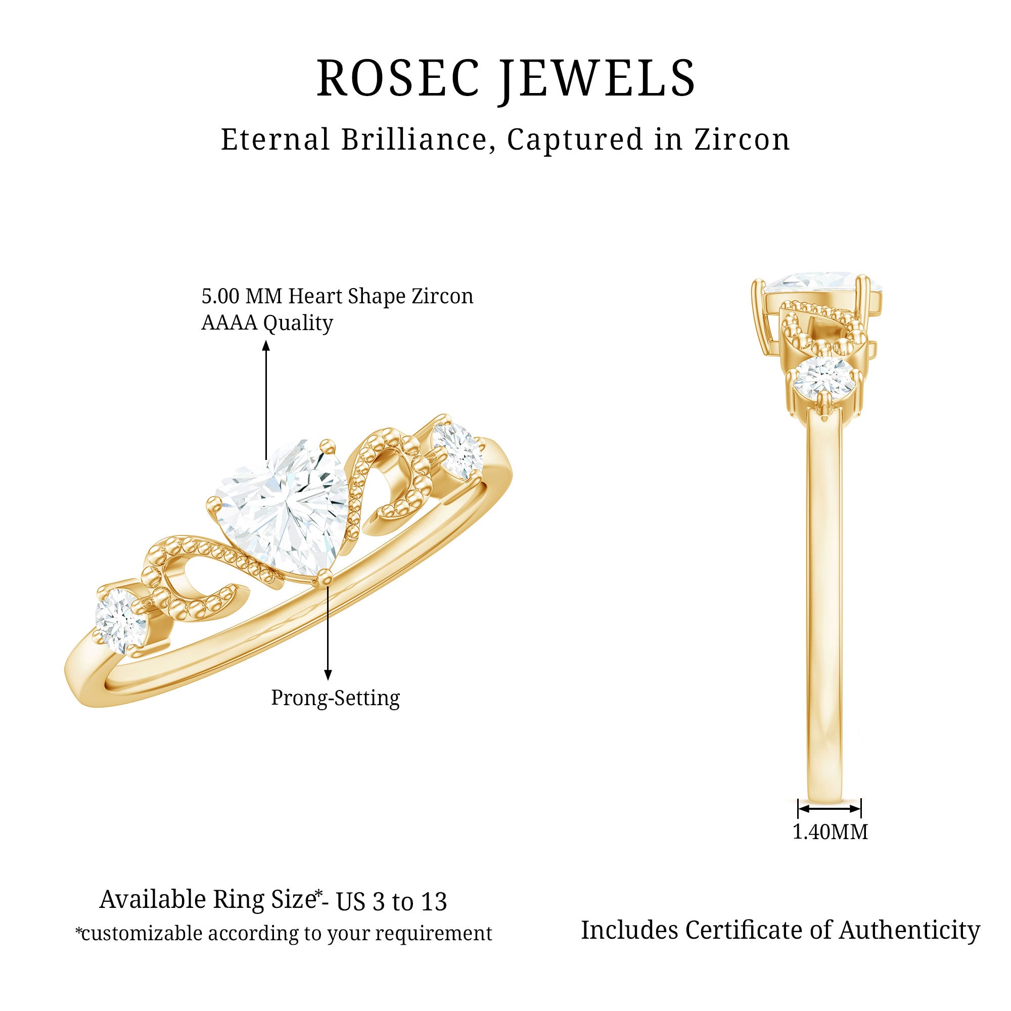 3/4 CT Minimal Zircon Heart Engagement Ring with Gold Beaded AAAA - Rosec Jewels