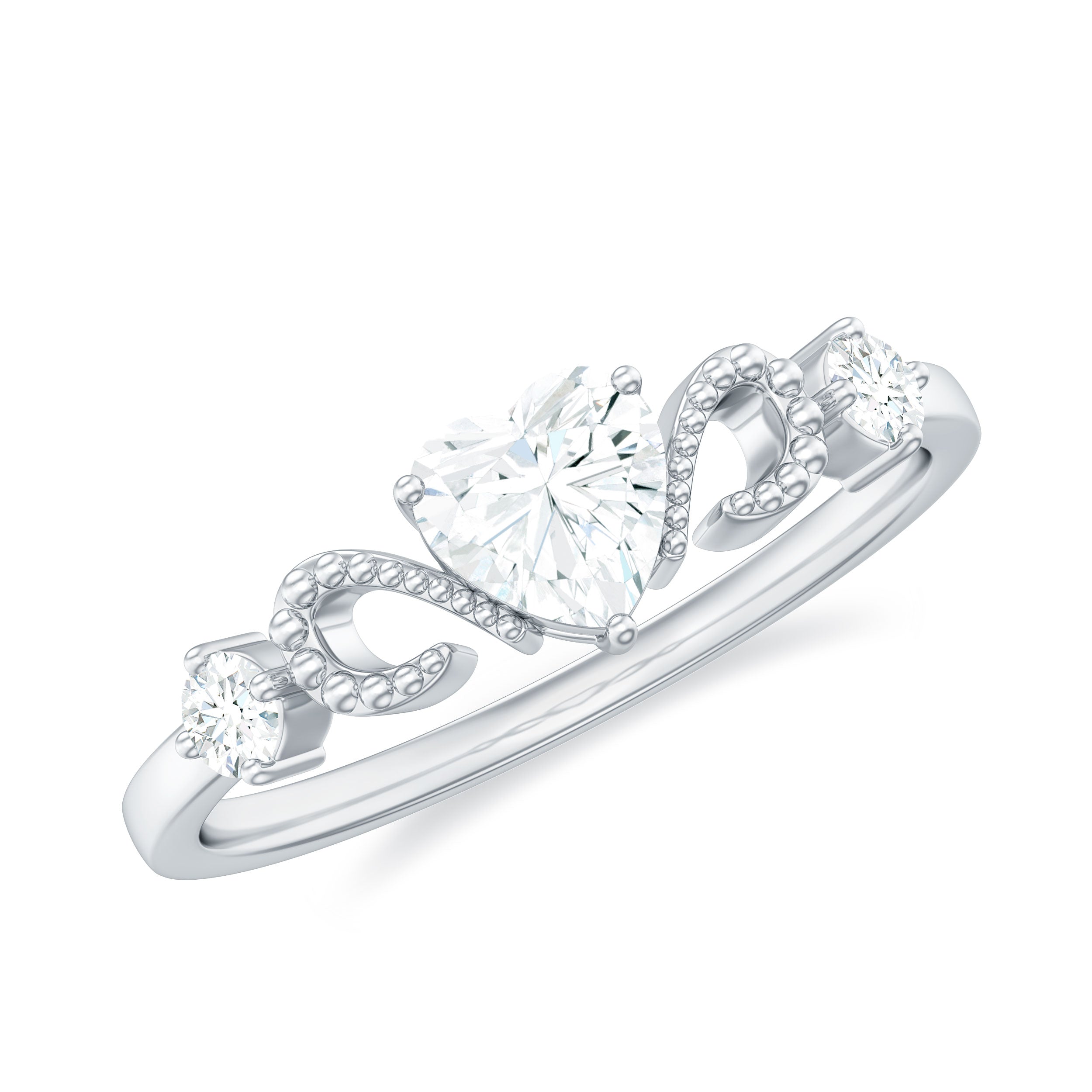 Certified Moissanite Heart Promise Ring with Beaded Detail D-VS1 - Rosec Jewels